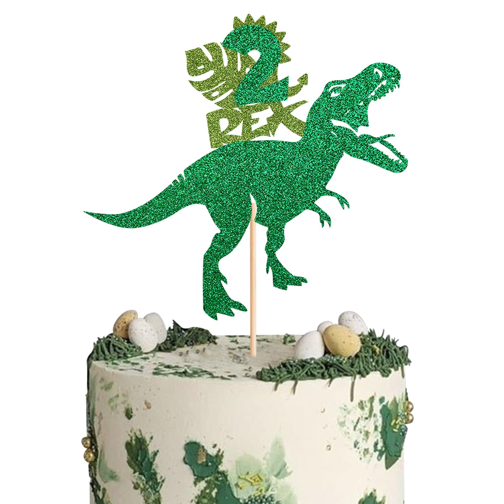 Rsstarxi Rsstarxi 1 Pack Dinosaur Two Rex Birthday Cake Topper Glitter Dinosaur T-Rex 2nd Birthday Cake Pick Two Year Olds Dinosaur Theme Cake Decoration for Baby Shower Second Birthday Party Decor Green