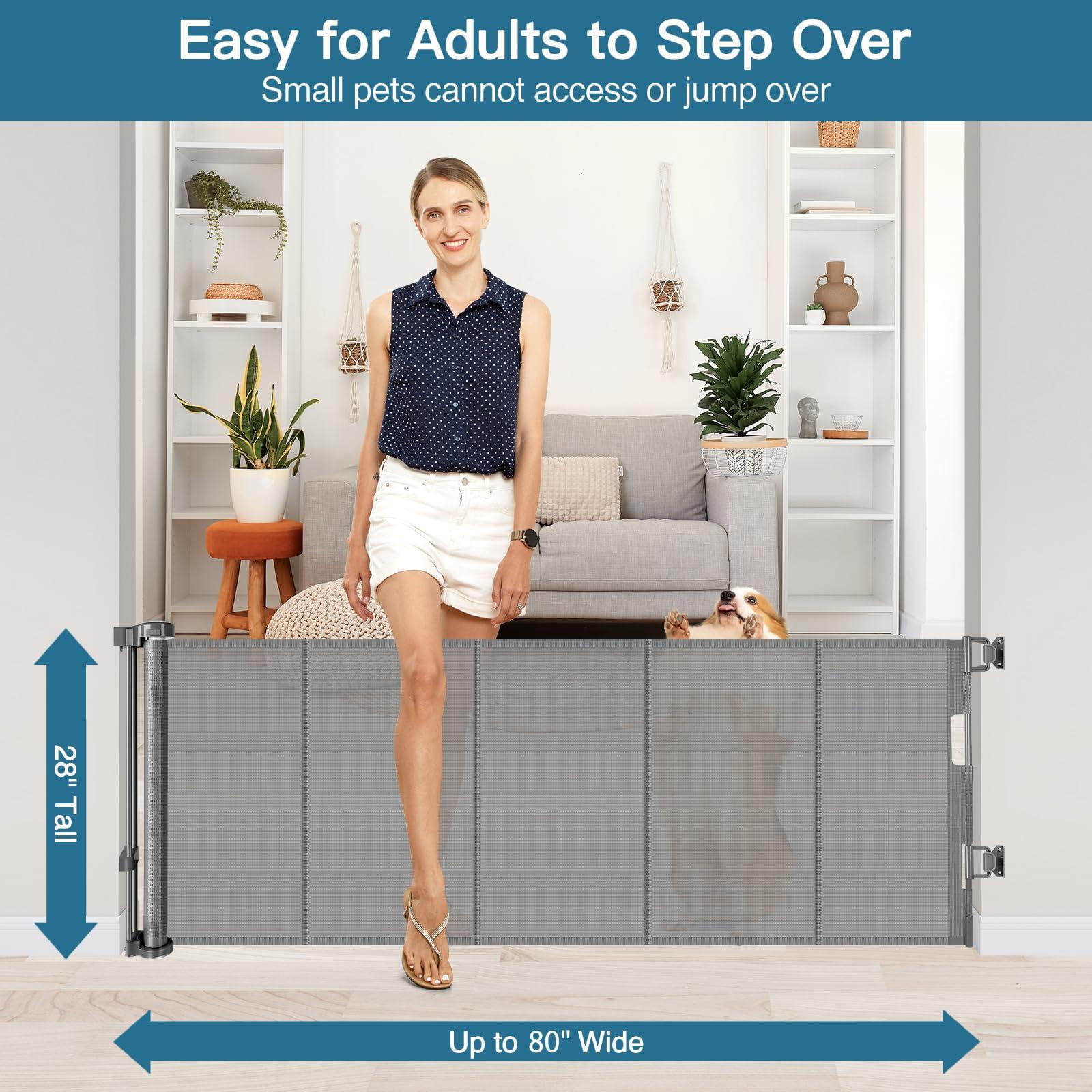 Stcockis 28 Inch Tall Retractable Baby Gates, 80" Wide Reinforced Retractable Dog Gate with Support Rods, Walk Through Pet Gate, Short Dog Gate Retractable Pet Gate, Mesh Baby Gate for Stairs, Doorways, Gray