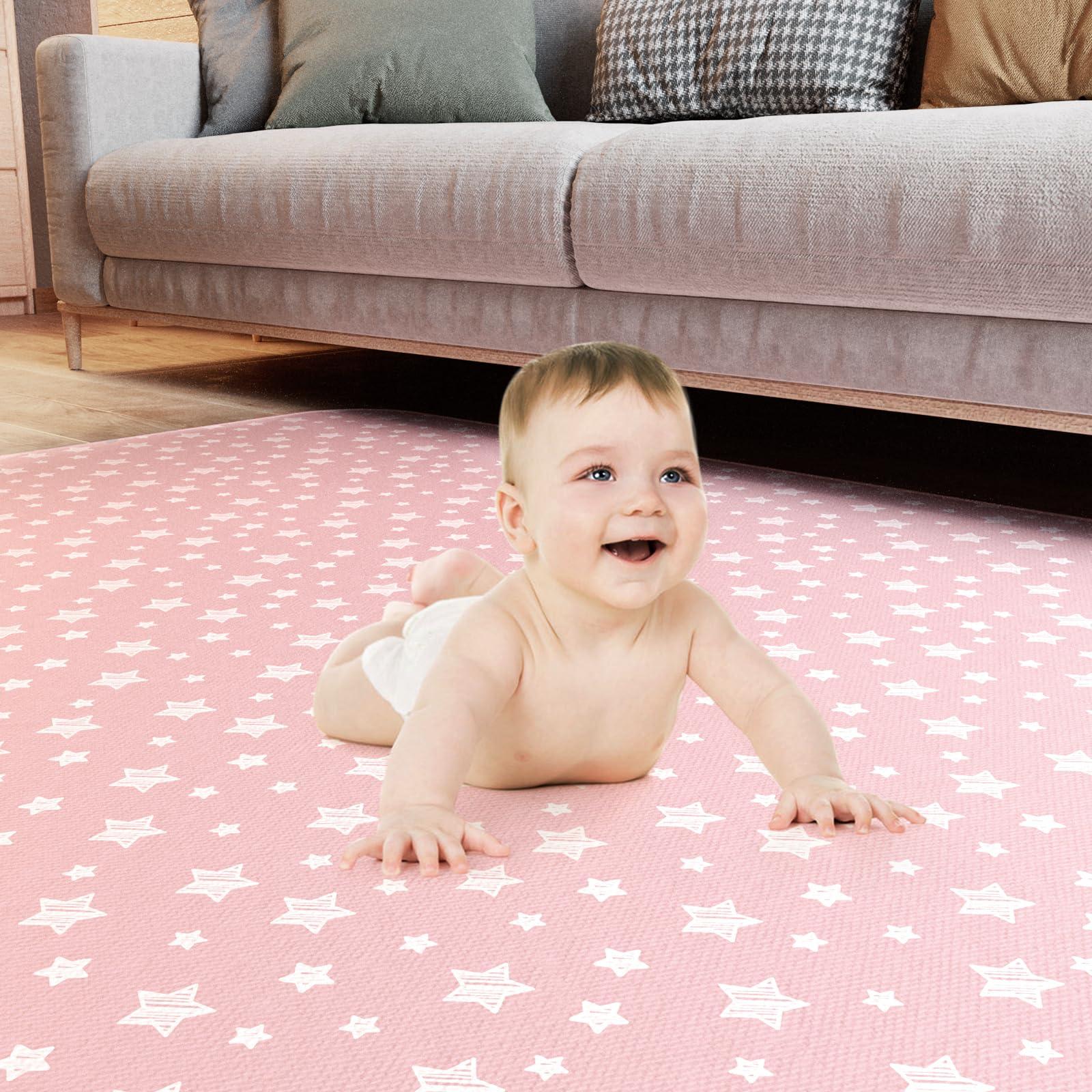 Moonsea Baby Splat Mat Anti Slip Waterproof High Chair Mat, Baby Feeding Table Cloth Floor Mat Cover, Baby Art Playtime Mat for Craft/Mealtime, 42X46 Inch Washable Portable Picnic Mat - Pink Star
