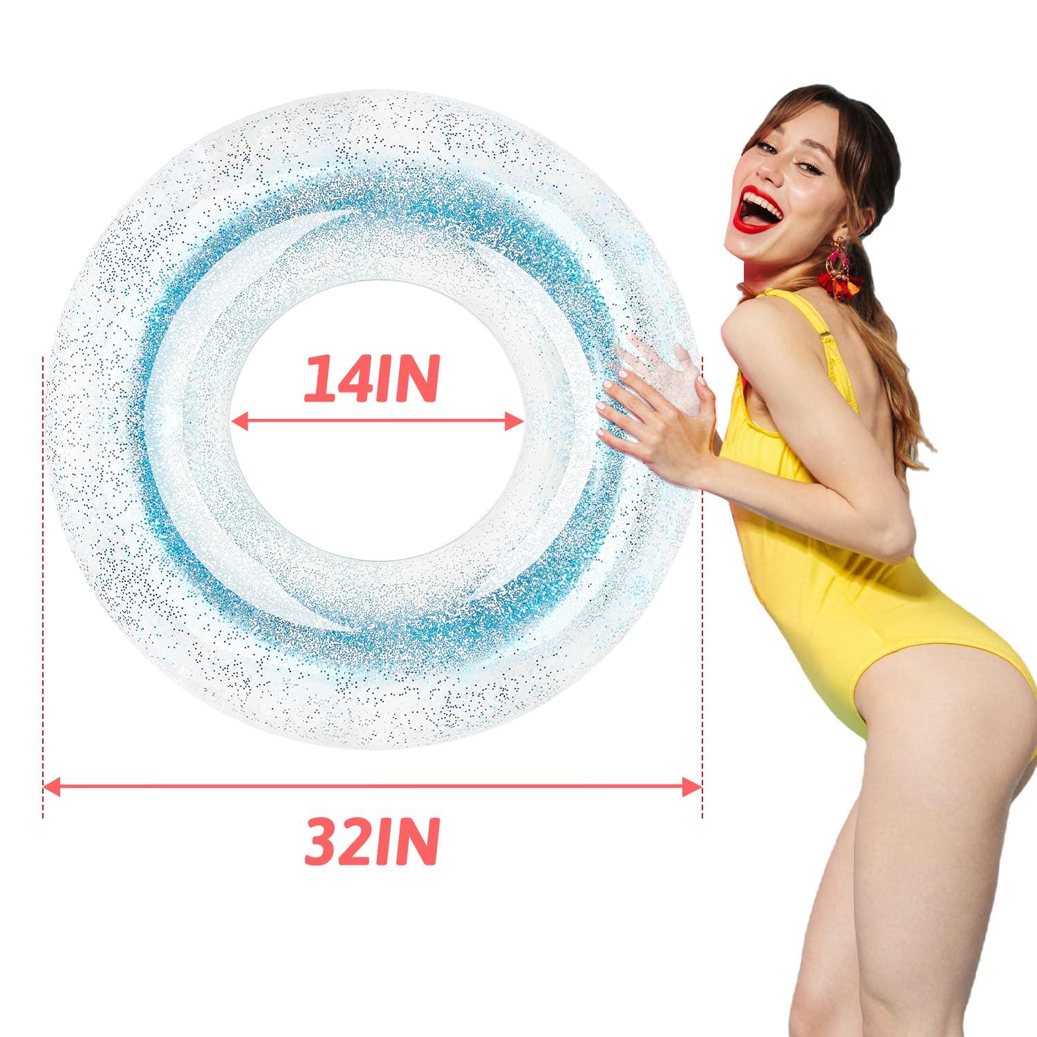 Polita Polita Pool Float, Pool Floats Kids Summer Glitter Pool Tube with Confetti,Tube Pool Toys Beach Party, Transparent Inflatable Floating Tubes for Adults and Kids (Pink+Blue)
