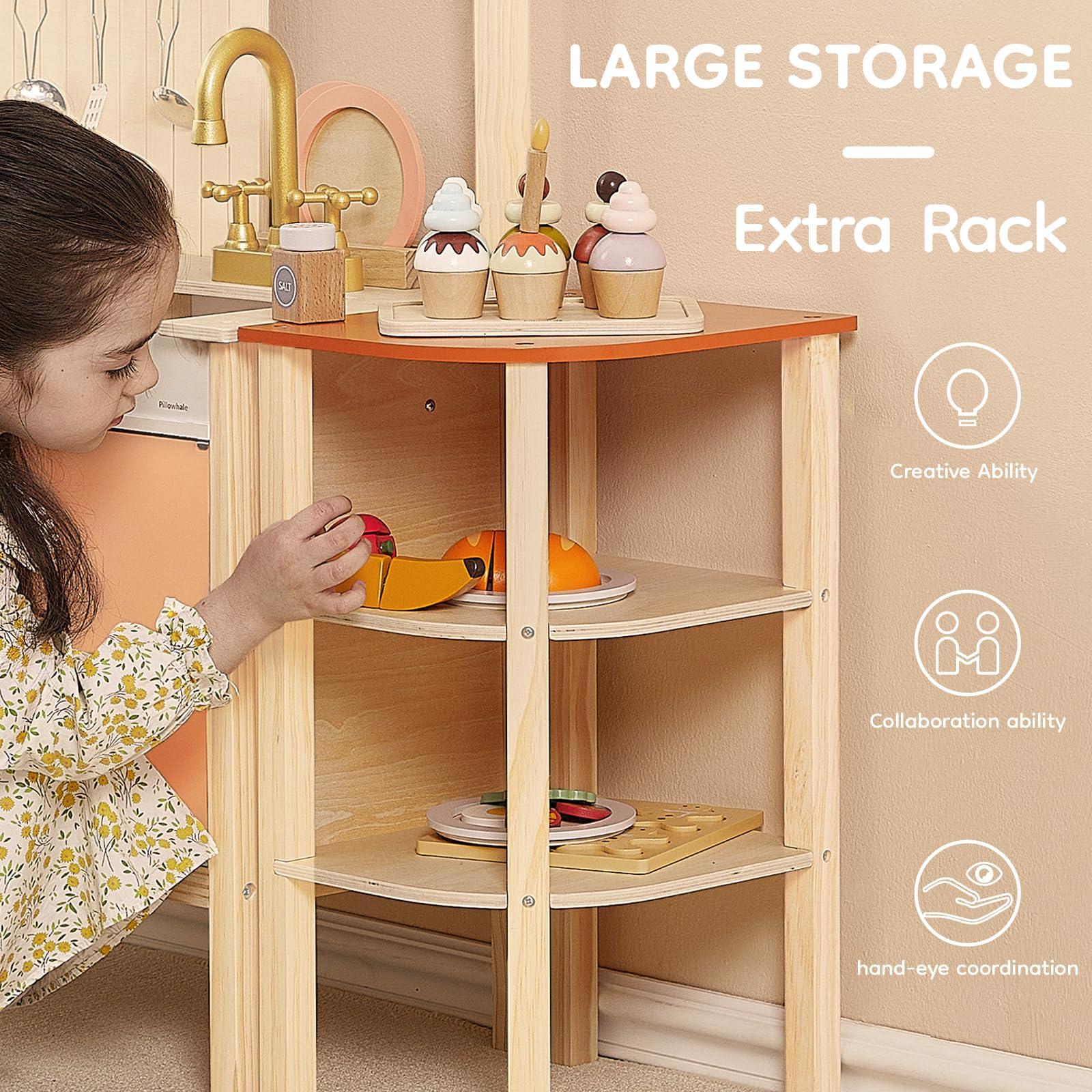 Pillowhale Pillowhale Play Kitchen Set, Wooden Toy Kids Kitchen Playset, Pretend Toddler Kitchen with Play Dishes Play Sink Microwave Oven Cookware Accessories Playset,Best Gift for Girls Boys 3+ Year Old(Red)