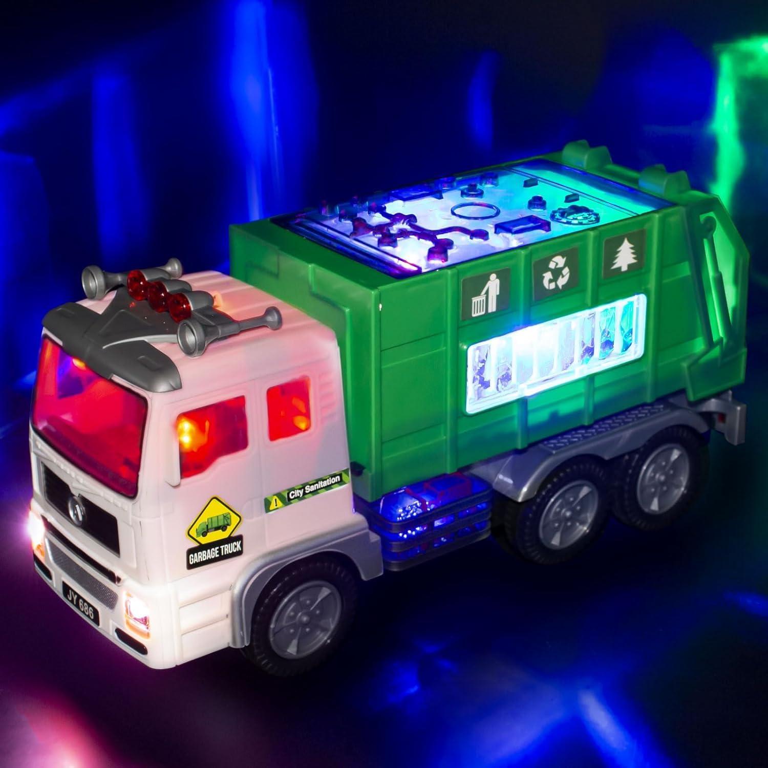 Ynanimery Toy Garbage Truck & Fire Truck & Construction Excavator Toys & Container Truck Toy Cars for Toddlers Boys 1-3 4-7 Birthday Gifts, Truck Car Toys with 4D Lights & Music- Automatic Bump Go Garbage Truck
