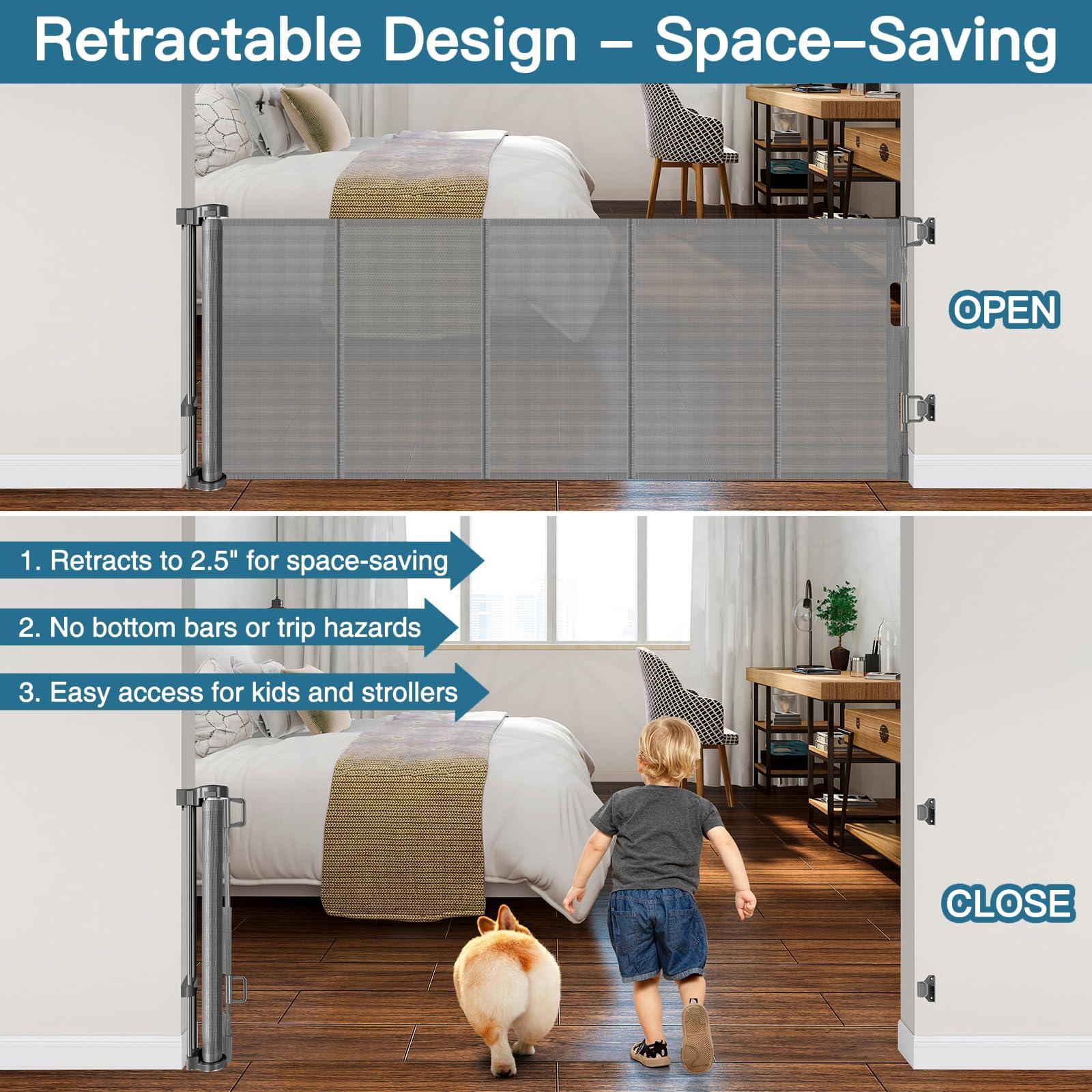 Stcockis 28 Inch Tall Retractable Baby Gates, 80" Wide Reinforced Retractable Dog Gate with Support Rods, Walk Through Pet Gate, Short Dog Gate Retractable Pet Gate, Mesh Baby Gate for Stairs, Doorways, Gray