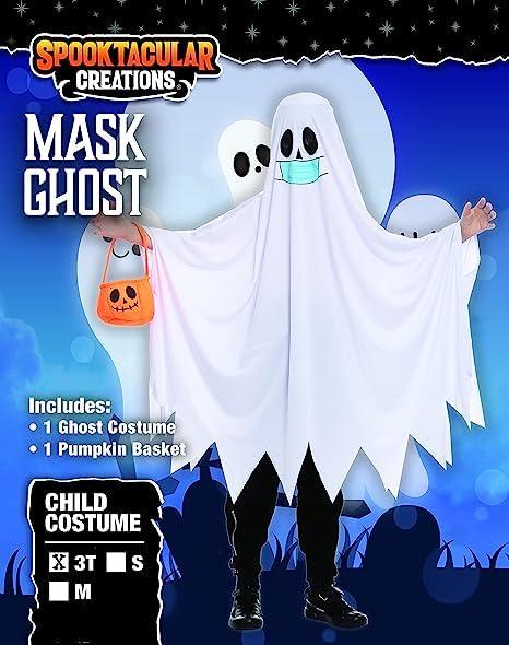 Spooktacular Creations Spooktacular Creations Halloween Child Friendly Ghost Costume with Pumpkin Bucket, Halloween Spooky Cloak Cape horror masks for Unisex Kids (Small (5-7yr))