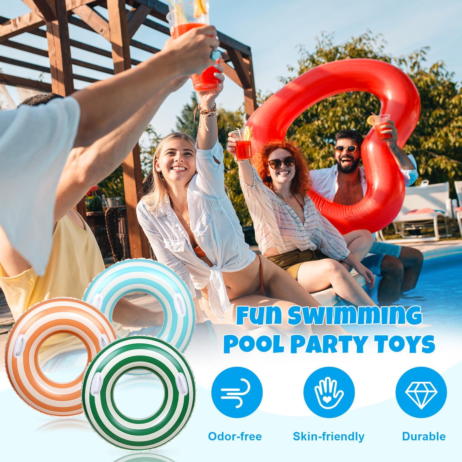 Whaline Whaline 3Pcs Pool Tube with Handles Retro Orange Green Blue Striped Swim Pool Rings Inflatable Float Loungers Tube for Summer Swimming Pool Beach Bachelorette Party, 30 x 14 Inch