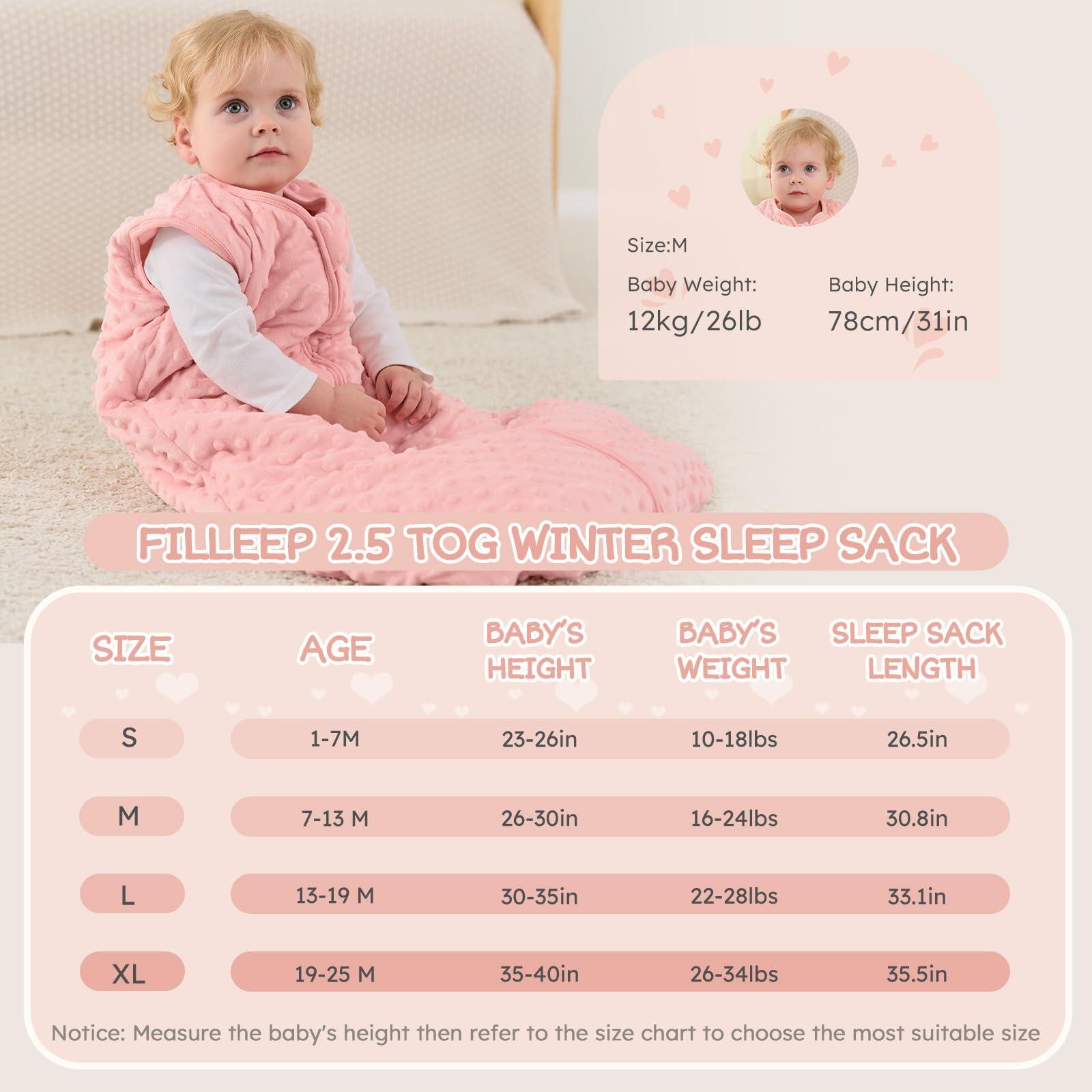 FILLEEP FILLEEP Fleece Baby Sleep Sack 1-7 Months 2.5 Tog with Plush Dots, Winter Baby Wearable Blanket for Infant Toddler Sleeping Sack 2-Way Zipper Warm Sleep Sack,Pink