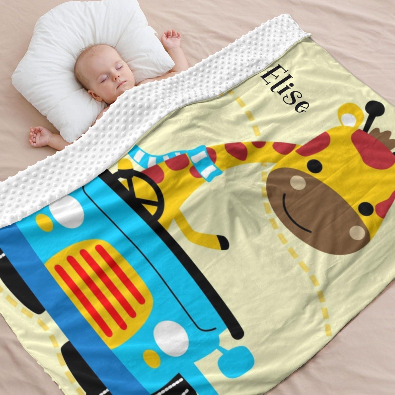 Joyestore Giraffe Cartoon Car Personalized Baby Blanket Boys Girls Soft Minky Blanket Double Layer Dotted Custom Newborn Shower Gifts 35X45 in