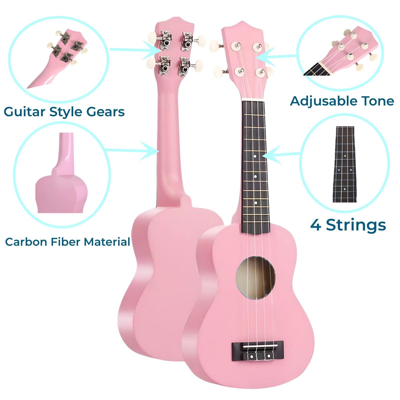 Jakeloo Kids Guitar Acoustic, Jakeloo 21 Inch Carbon Fibre Ukulele Toddler Acoustic Guitar Toy Guitar Child Guitar Musical Toy Kids Instruments Ideal for 3-9 Year Old Boys Girls Gifts (Pink)