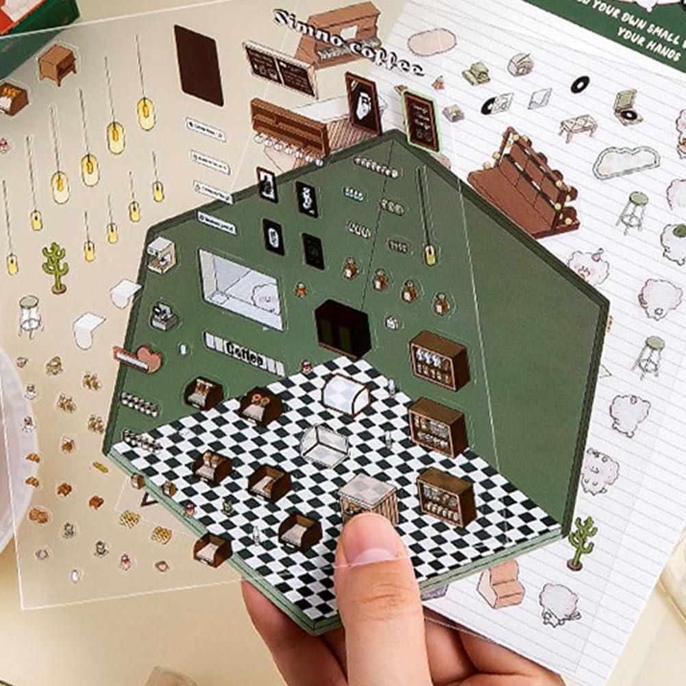 kunishi 3D Stickers - 2024 DIY 3D House Stickers Set, 3D Miniature Scene Stickers, Decorative Room Sticker Book, Funny Cute Korean Cartoon Stacking Scene Stickers for Adult Kids Pass The Time (5sets -B#)