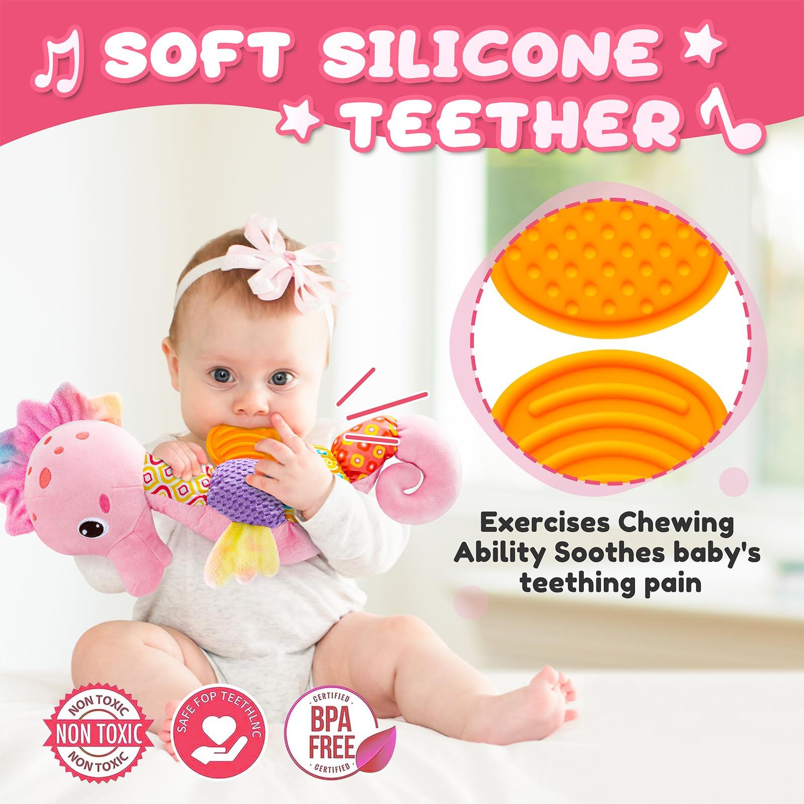 AWOTOY AWOTOY Baby Toys 0 to 12 Months, Musical Stuffed Animal Activity Soft Toys with Multi-Sensory Crinkle, Rattle and Textures,Infant Tummy Time Toys for Newborn Girls, Seahorse, Pink