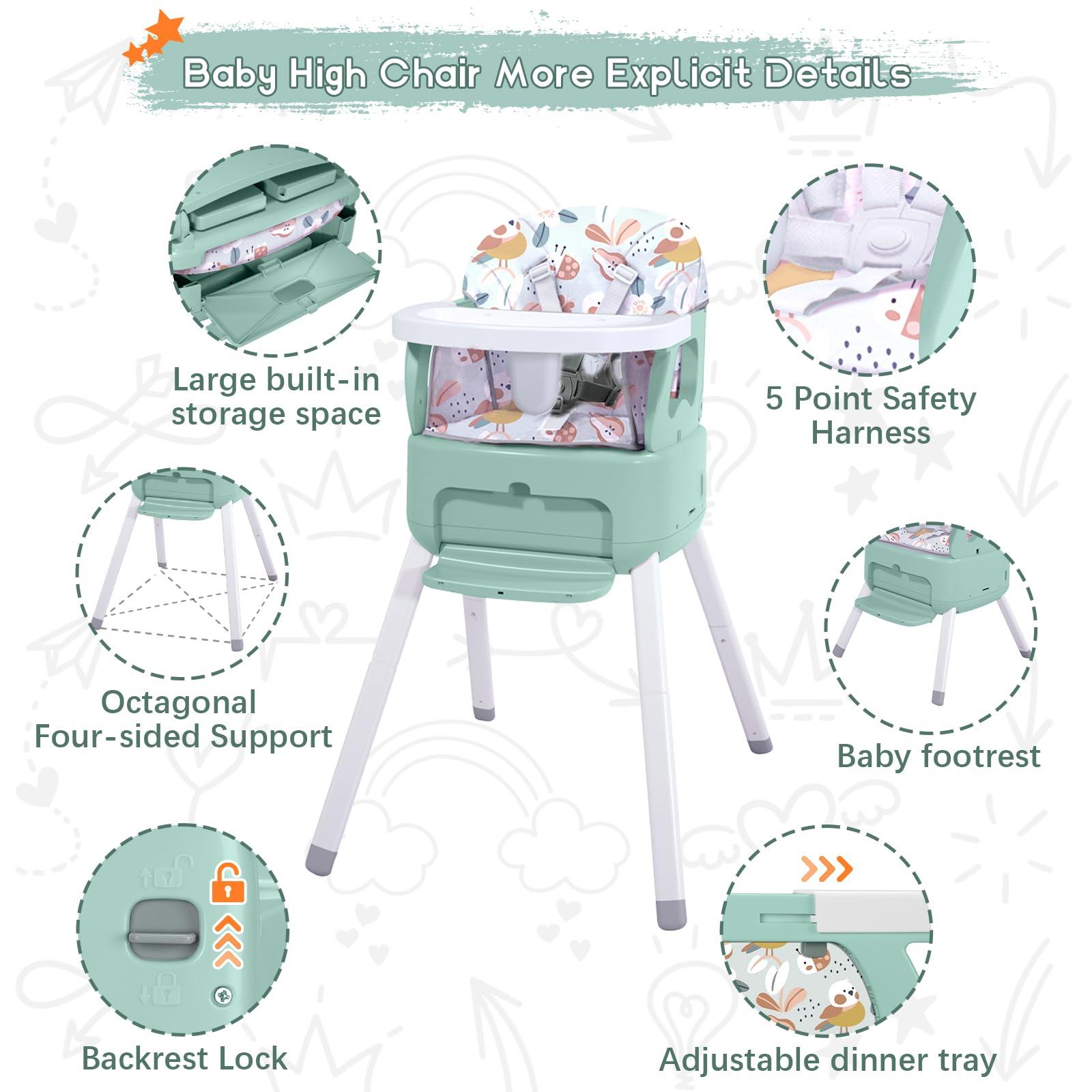 BABHAMNESS 4 in 1 Portable Baby High Chair,Convertible Highchair for Babies and Toddlers-Foldable Infant Booster Seat,Carry Small Box,Dining Chair,Toddler High Chair with 5-Point Harness,Removable Tray-Green