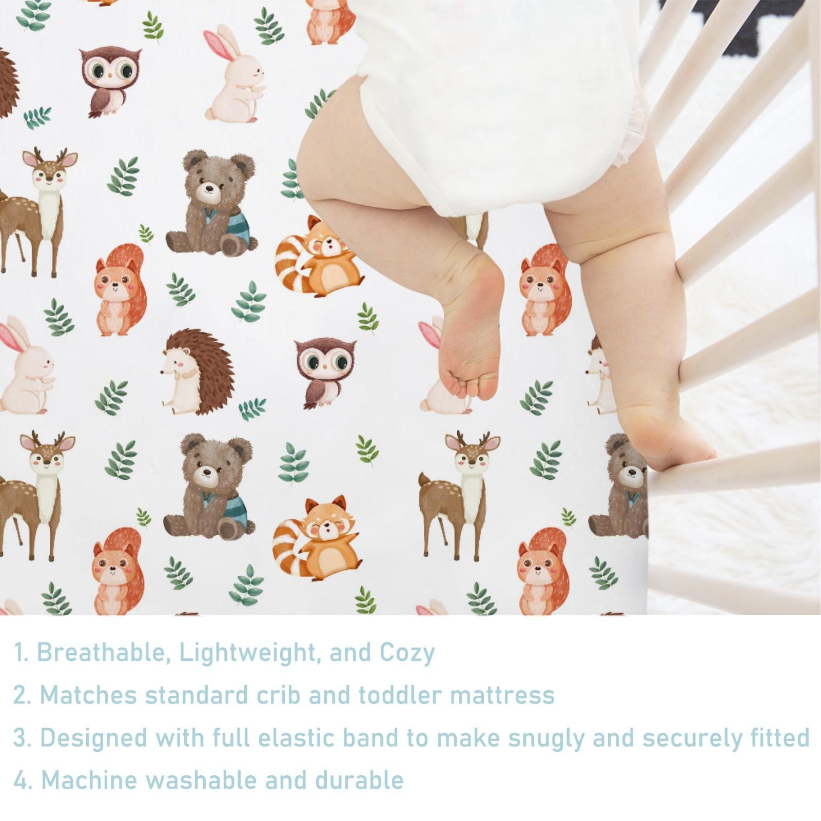 Hwmmbh Cute Woodland Animals Leaves Baby Crib Sheet 52''x28'' Bear Raccoon Squirrel Deer Rabbit Hedgehog Owl Fitted Crib Cover for Boy Girl Nursery Crib Sheet for Standard Size Crib Toddler Mattress