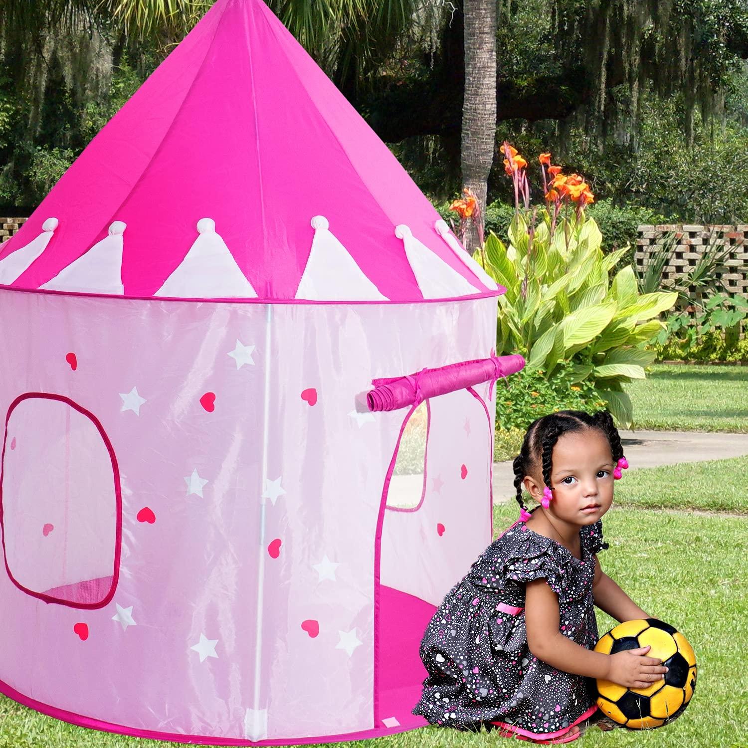 Allusweet Princess Castle Play Tent with Glow in The Dark Stars, Foldable Pink Pop up Kids Tent Playhouse Toys, for Indoor Outdoor Toddler Children Girls Gifts Tent Girls Toys Age 3/4/5/6/7/8/9 Years Old
