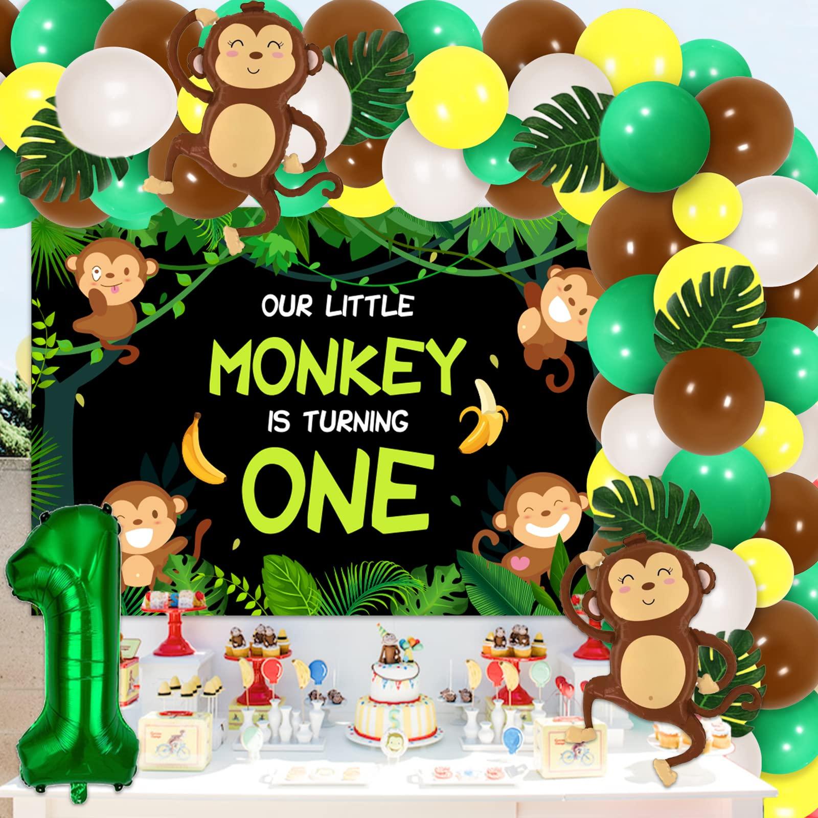 Funmemoir Monkey 1st Birthday Party Decorations - Our Little Monkey Is Turning One Backdrop, Jungle Safari Balloon Garland Arch Kit, Artificial Palm Leaves, Foil Balloons, Jungle Monkey Birthday Decorations