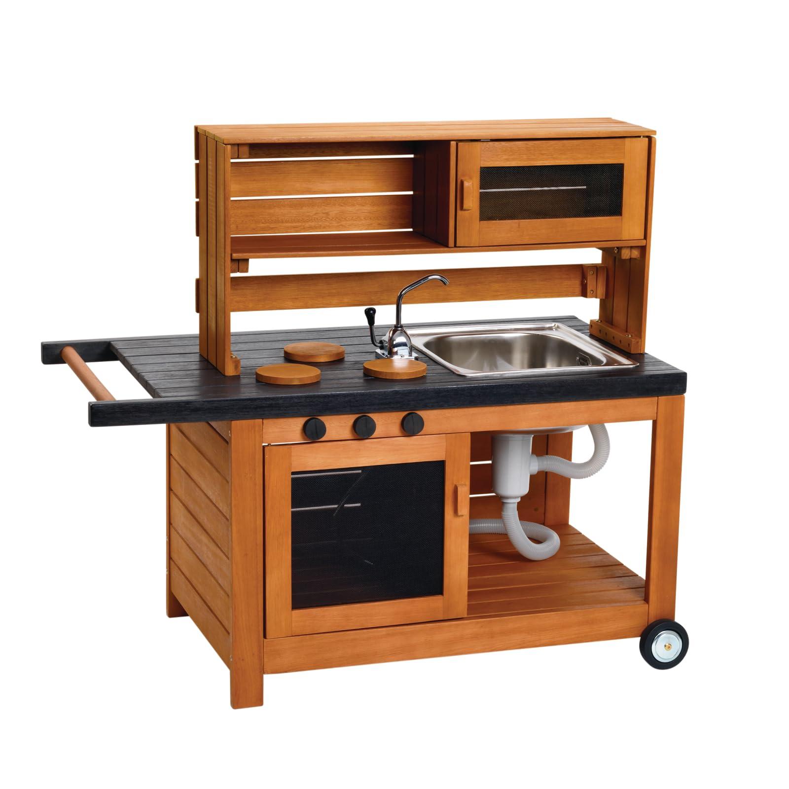 Excellerations Excellerations Indoor-Outdoor Moveable Play Kitchen with Hutch, Sink, and Working Pump Faucet for Preschoolers, Outdoor Learning, Dramatic Play, Cooking Pretend Play