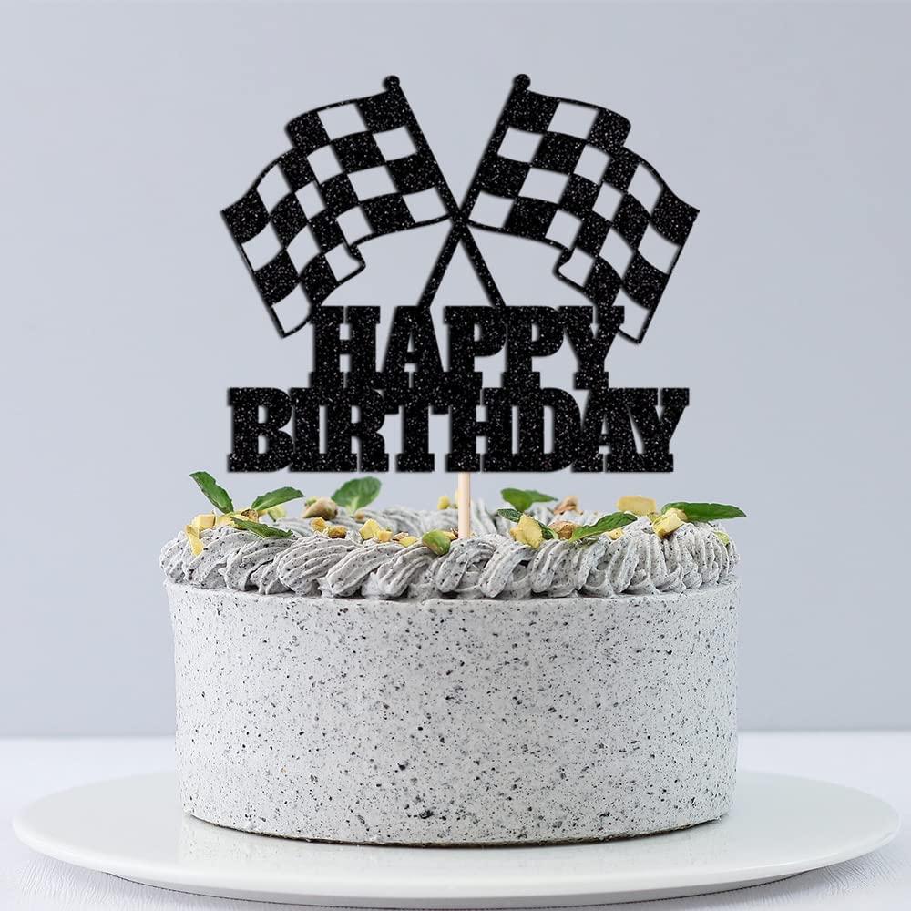 WRACKKIAR WRACKKIAR Race Car Cake Topper - Checkered Flag, Glitter, Happy Birthday Theme Cake Decor