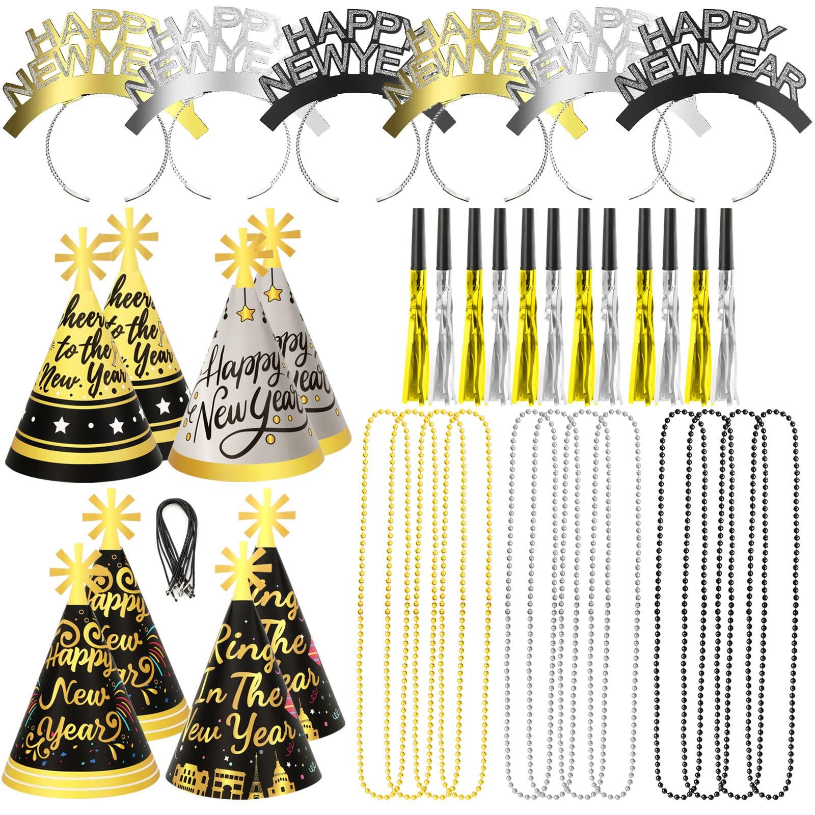 HOWAF HOWAF 2025 New Year Eve Party Supplies 2025 NYE Decorations Kit - Include Happy New Year Headband Cone Hats Party Blowouts Black Gold Silver NYE Party Favors New Years Eve Accessories Kit, 38 Pieces