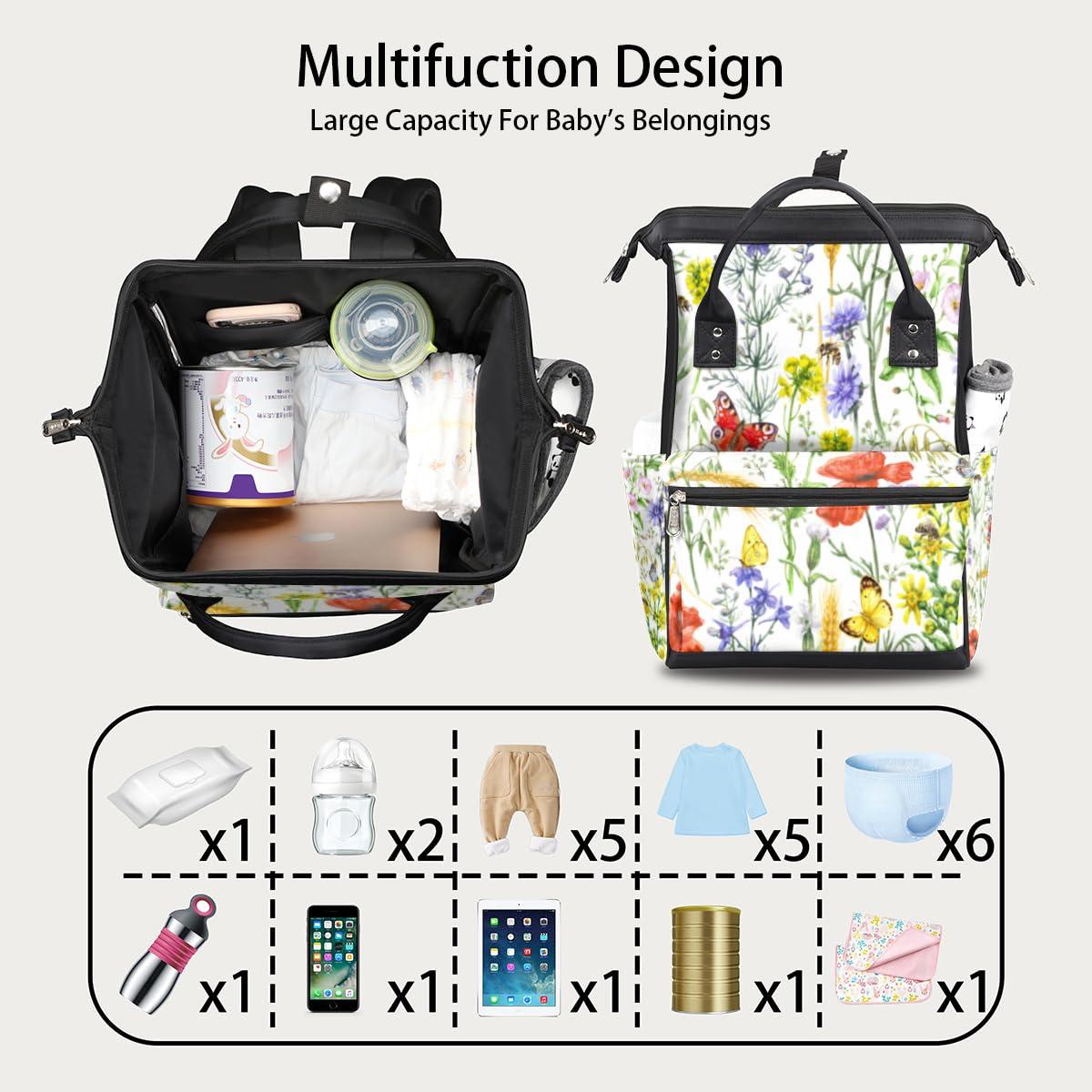 Mularoka Spring Flower Art Diaper Backpack Multi-functional Travel Diaper Bag Back Pack Daypack Water-resistant Diaper Bag Backpack with Stroller Strapes for Women Men