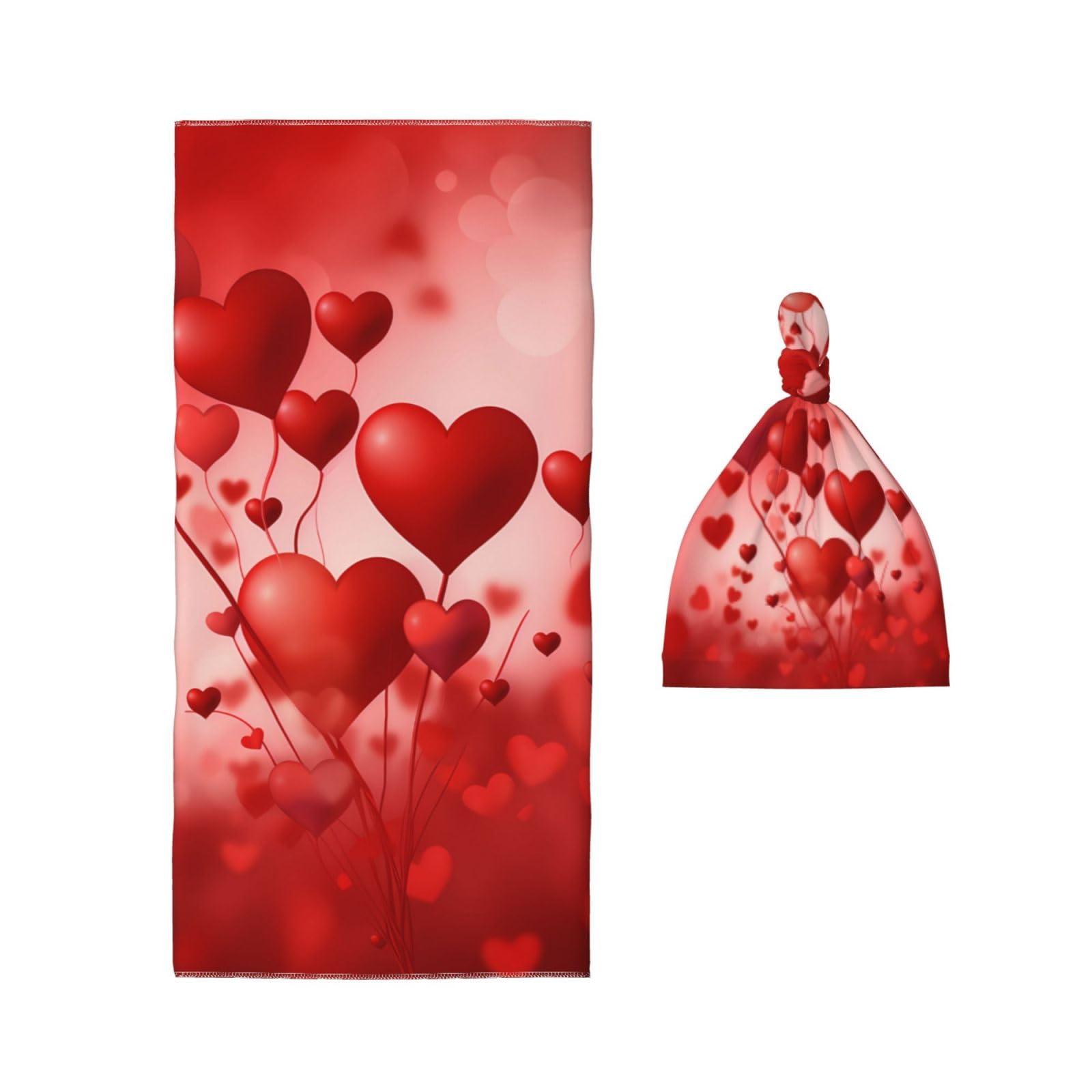 Fiephvsa Red Heart Shape Balloon Baby Swaddle Blanket with Beanie Set, Newborn Receiving Blankets 35.4"X 35.4" Valentine's Day Soft Swaddle Wrap Baby Stuff for Infant Boy Girl Gift