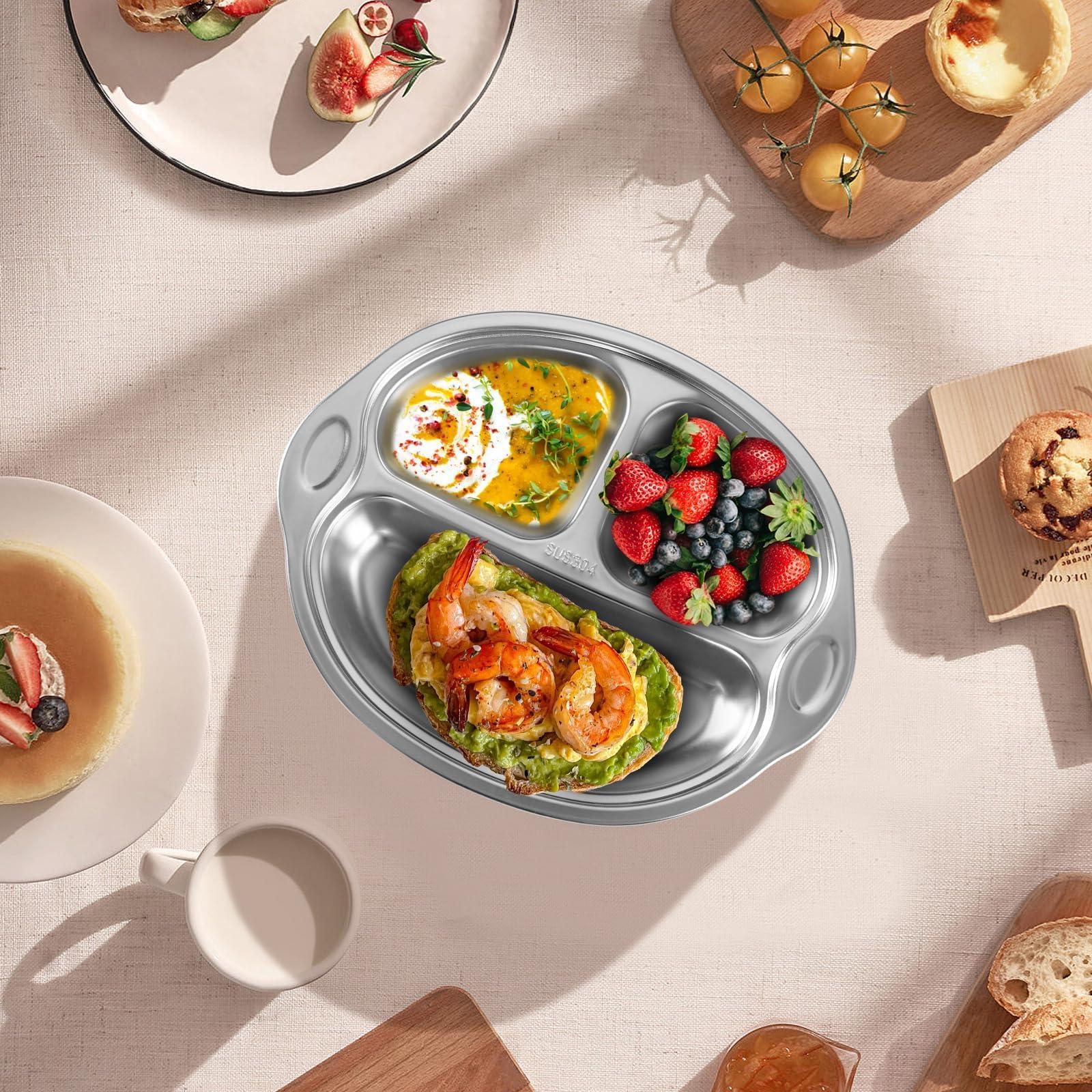 Mrs. Chou Stainless Steel Baby Suction Plates: Divided Plates Designed for Babies and Toddlers, Made of 100% Food-Grade Materials Ideal for Baby-Led Weaning BPA-Free Toddler Feeding Dishwasher Safe Gray