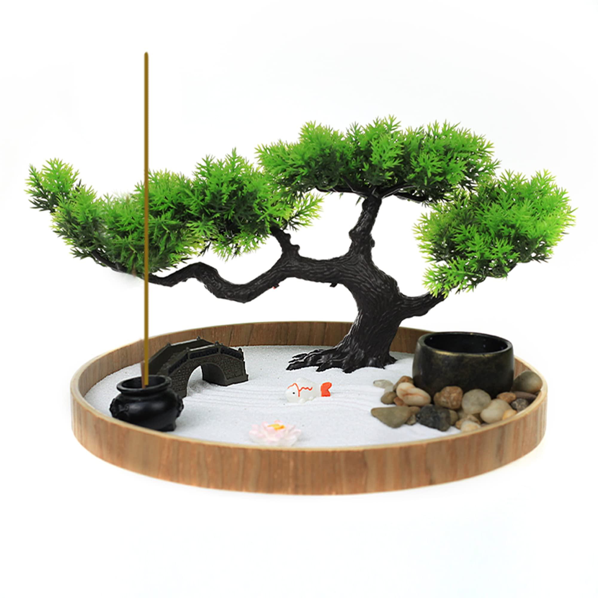 Timani Japanese Zen Garden for Desk - Zen Garden Sand Kit, Artificial Bonsai Tree, Rakes & Accessories - Japanese Decor Office Home Desktop Relaxation Sandbox Decor. 9.5\" Inches Wooden Round Tray
