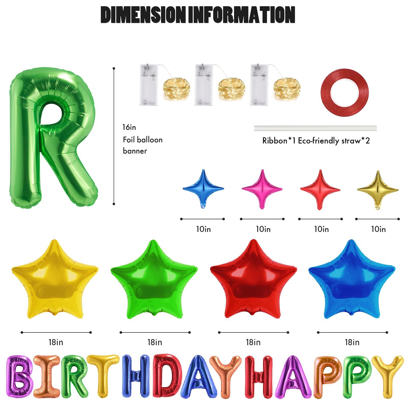 CANREVEL CANREVEL Happy Birthday Banner 13pcs 16 Inch Mylar Foil Letters Sign with 8pcs Star Balloons & LED Lights Birthday Party Decorations for Kids and Adults - 3D Rainbow