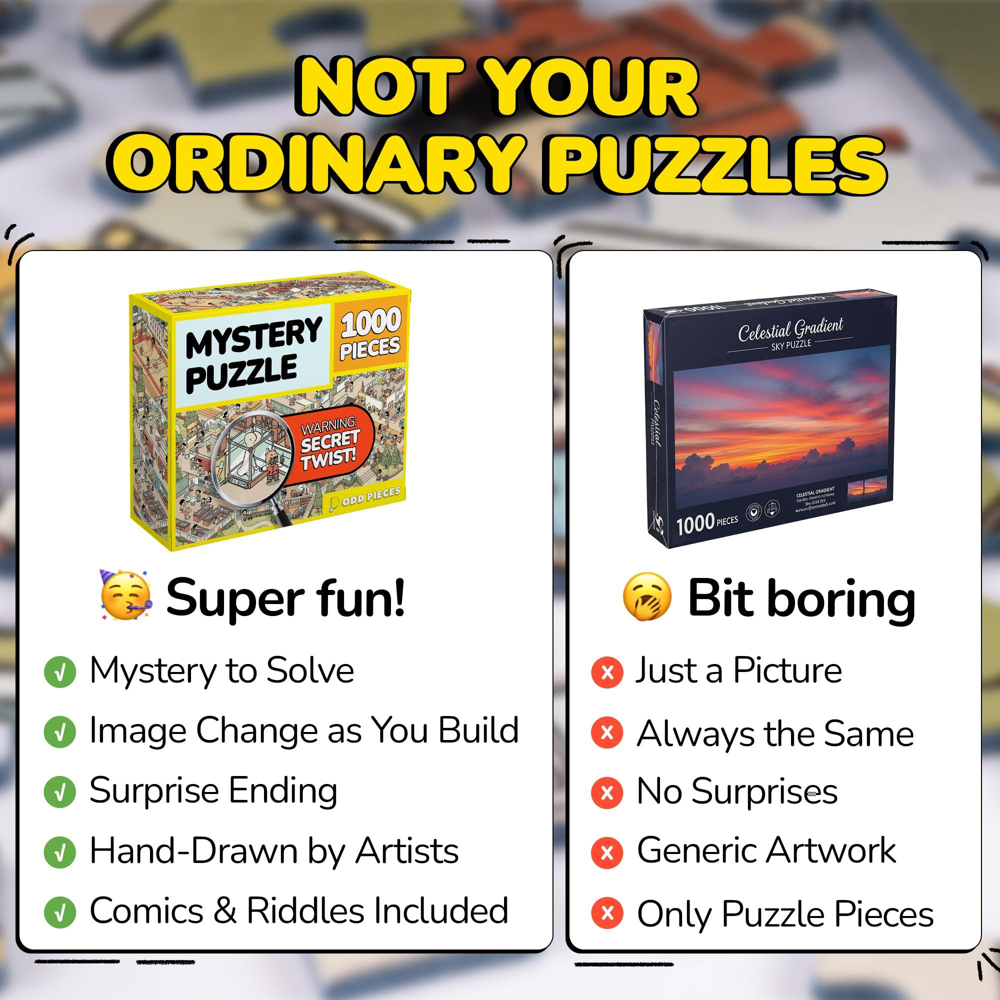 Odd Pieces Odd Pieces Mystery Jigsaw Puzzle-1,000 Pcs Mystery Puzzle with Storytelling Comics, Secret Ending-1000 Piece Puzzle for Adults & Kids 19.7\'\' x 27.6\'\' Frameable Magic Puzzle Art (Snack Attack)