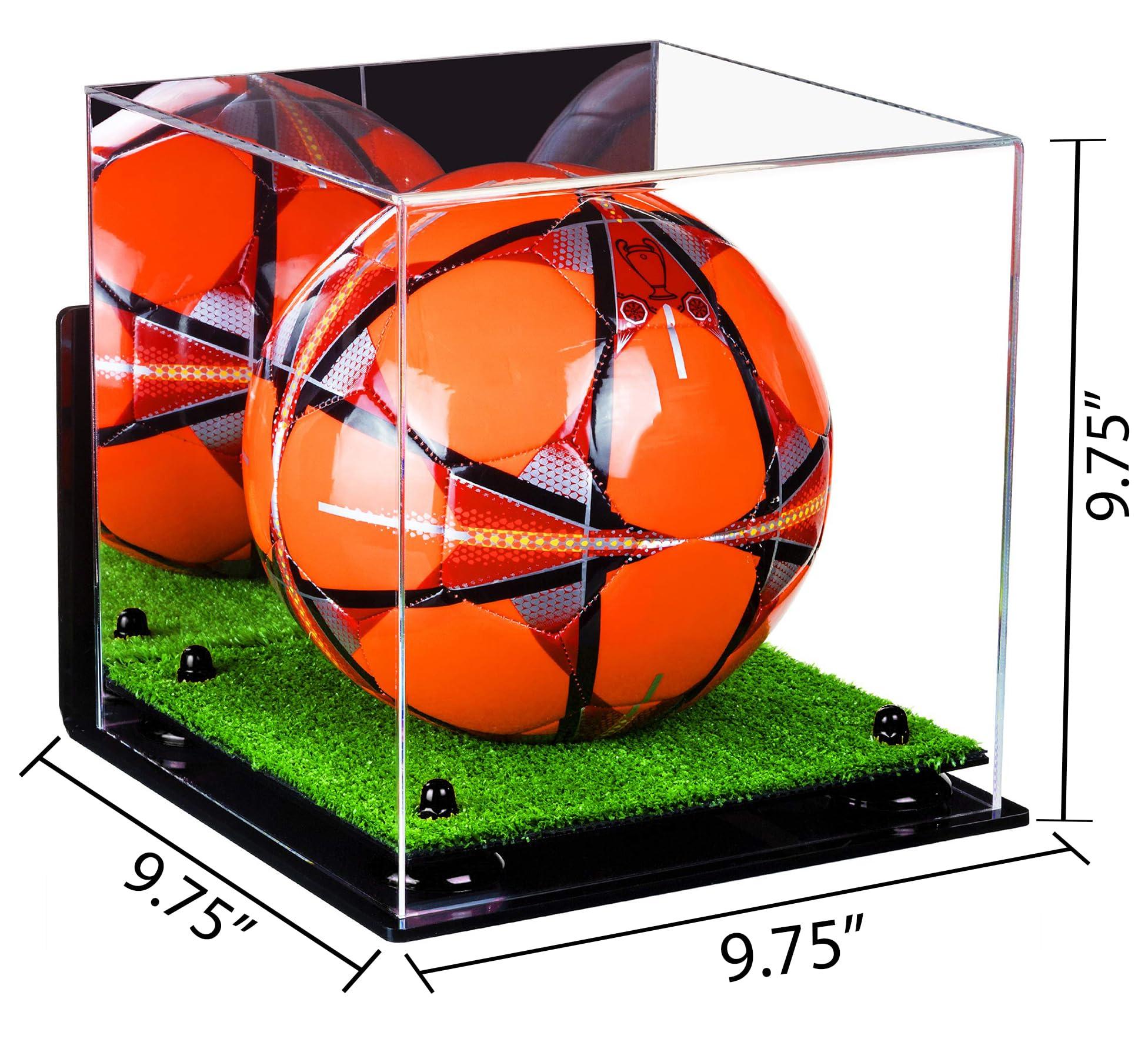 Better Display Cases Better Display Cases Acrylic Soccer Ball Display Case with Black Risers Mirror, Turf Base and Wall Mount (A027-BR)