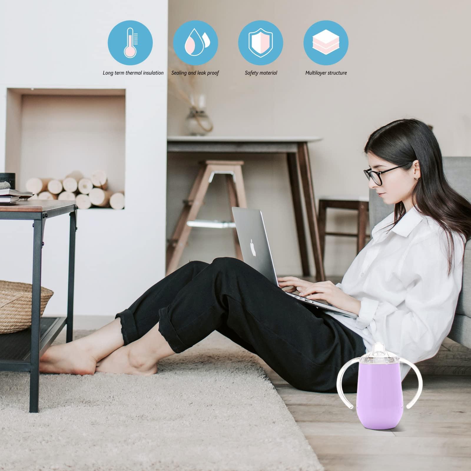 Buumin Stainless Steel Straw Sippy Cup with Handles & Silicone Lids,10 oz BPA Free Double Wall Vacuum Insulated Sippy Cup Mug Tumbler Toddler Straw Cups for boys and girls Non-Spill Sippy Cups (Rose Gold)