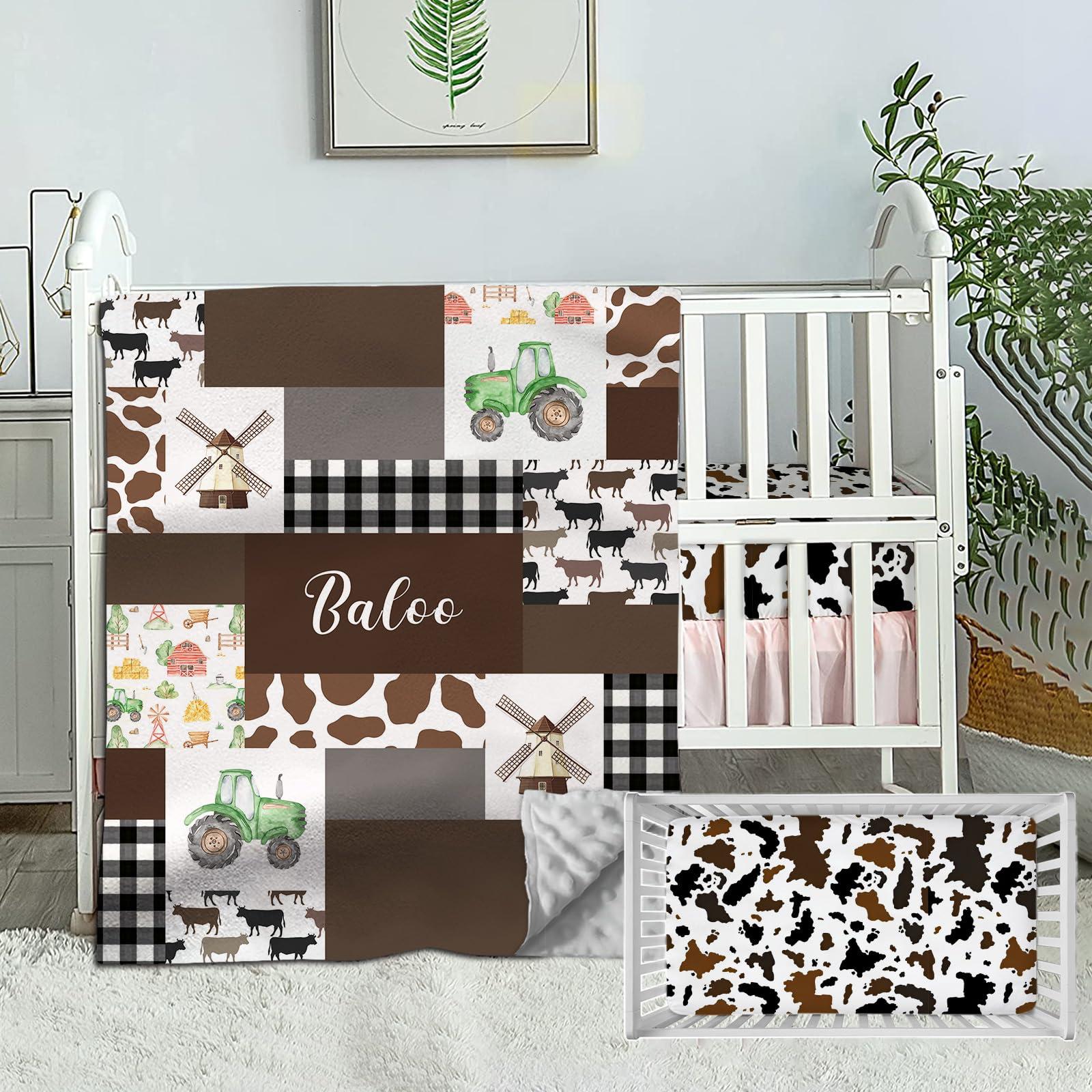 Munific Munific Farm Bedding Set for Boys and Girls, 2 Piece Custom Crib Bedding with Name, Cute Cow Plaid Comforter, Crib Fitted Sheet