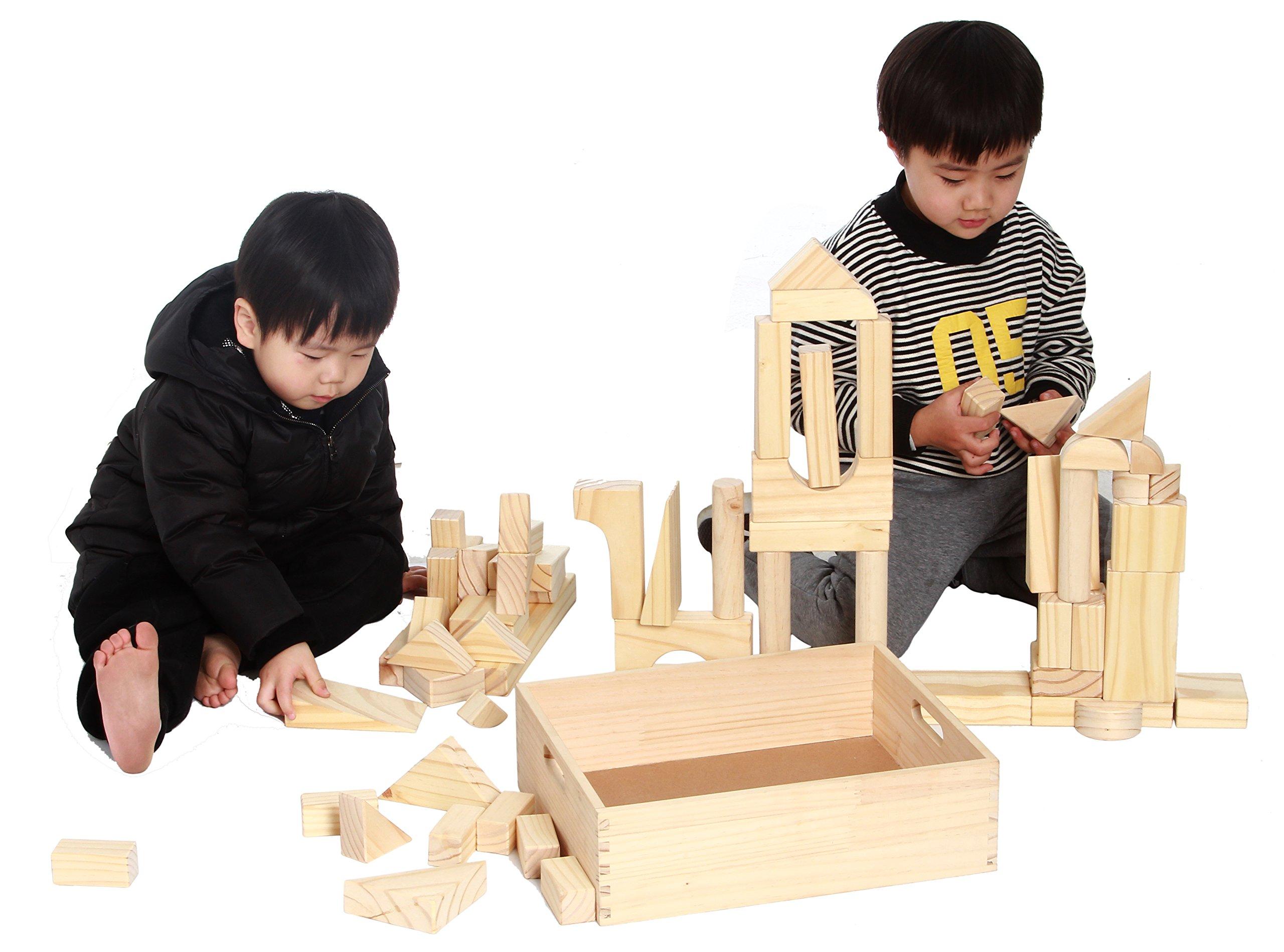 MOD Complete Standard Unit Building Blocks for Toddlers with Storage Tray (64 Pcs) Sanded Wood Blocks for Children, Original STEAM, and STEM Learning, Classic Wooden Toys for Kids Parties and Classrooms