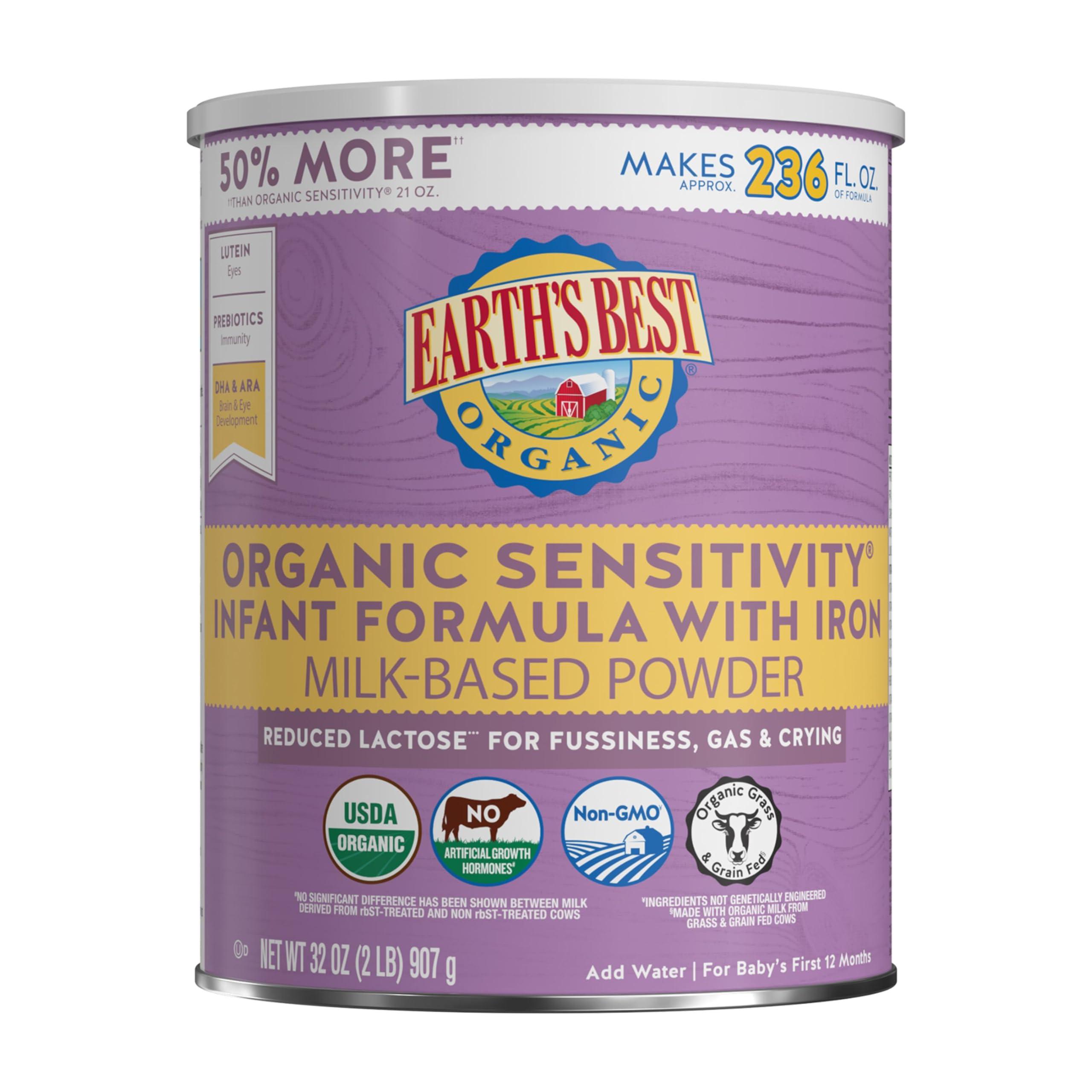 Earth's Best Earth's Best Organic Low Lactose Sensitivity Infant Formula with Iron, Milk-Based Powder, 32oz.