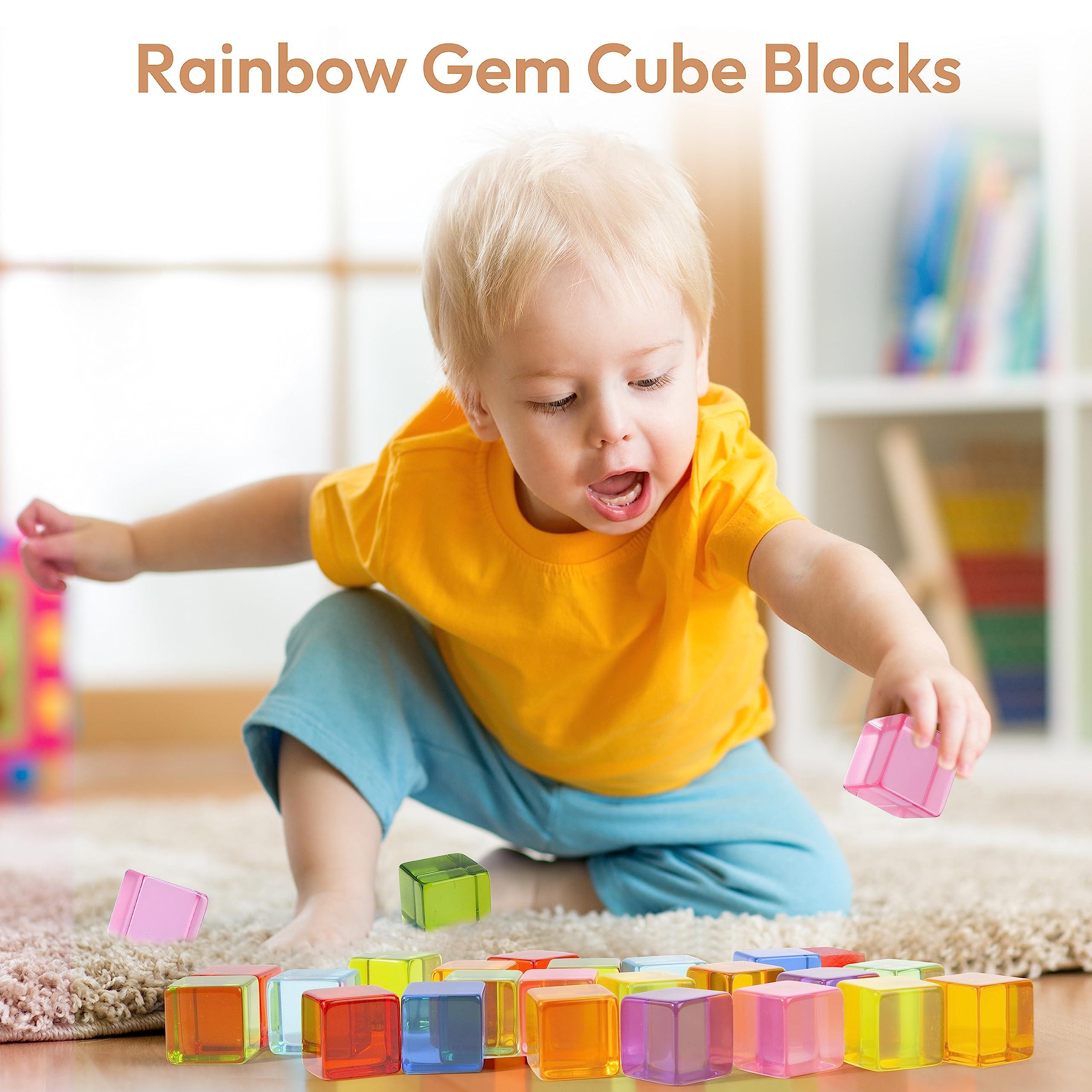 Woodtoe Woodtoe Wooden Building Blocks Set for Kids, 36 PCS Rainbow Acrylic Gem Cubes Blocks - 3 Wood House, Montessori Stacking Toy for Toddlers, Educational STEM Toys Birthday for Boys Girls 3-6