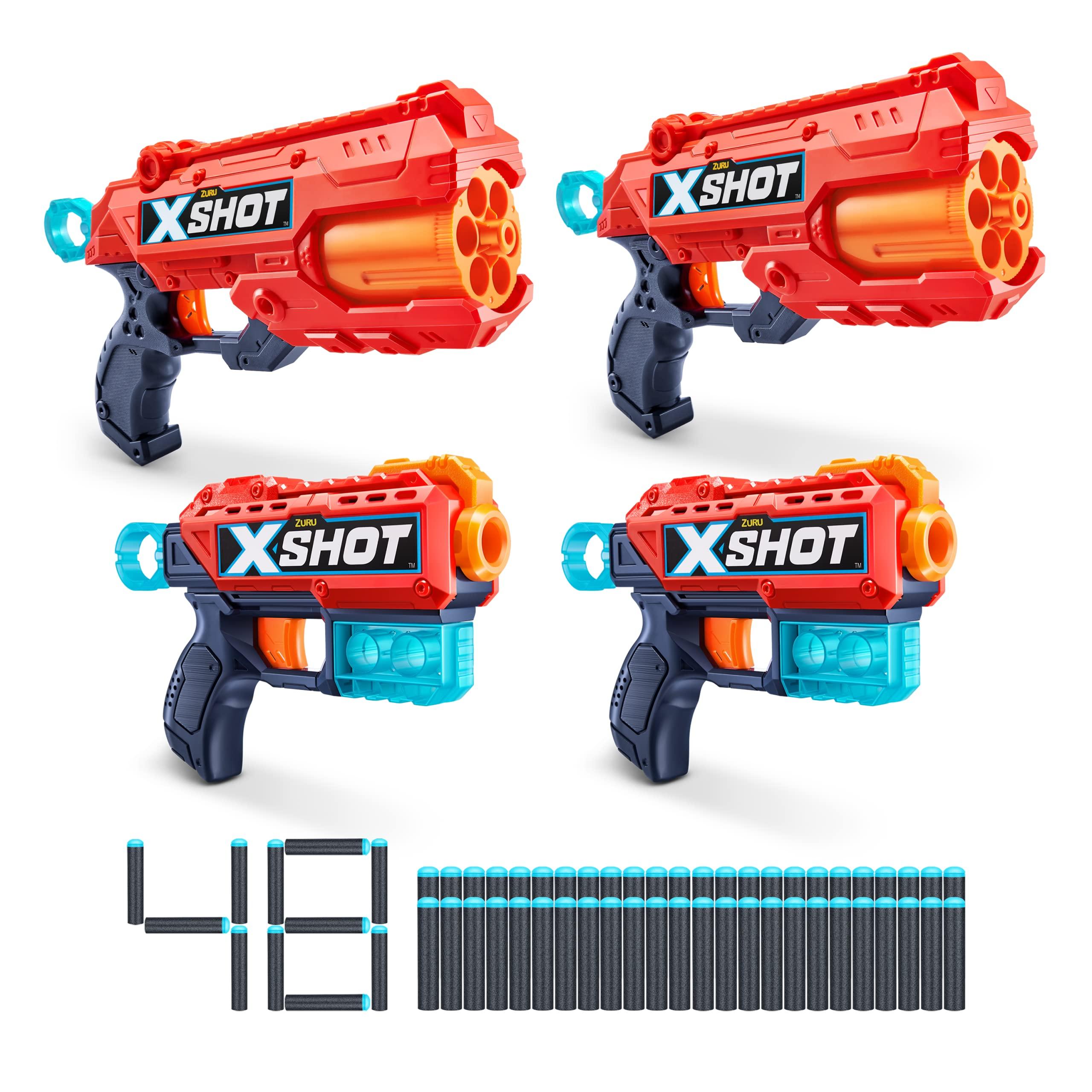 XShot Excel 2 Reflex 6 + 2 Kickback (4 Pack + 48 Darts + 3 Shooting Targets) by ZURU, X-Shot Red Foam Dart Blaster, Toy Blaster, Rotating Barrels, Toys for Kids, Teens, Adults (Red)