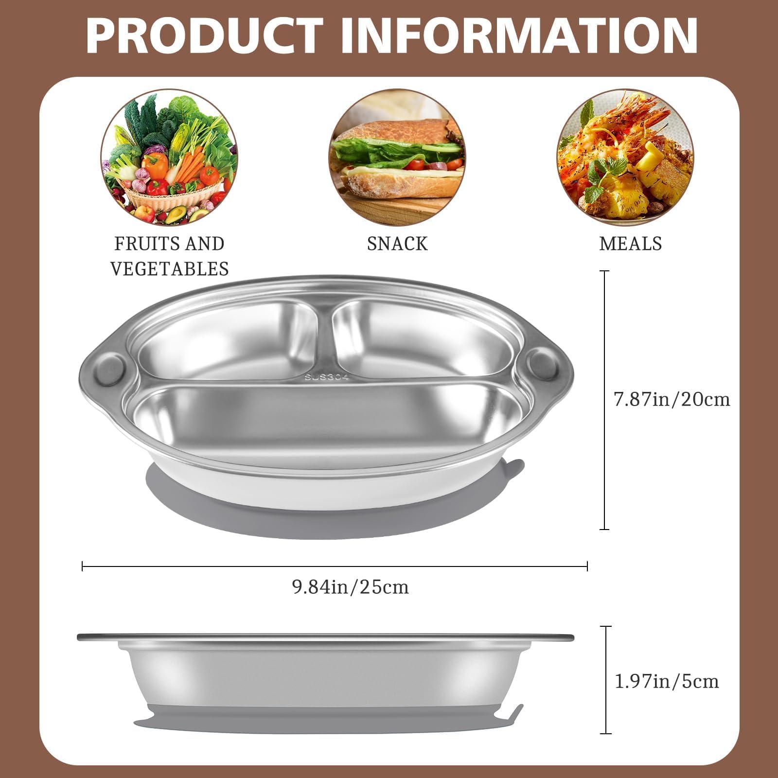 Mrs. Chou Stainless Steel Baby Suction Plates: Divided Plates Designed for Babies and Toddlers, Made of 100% Food-Grade Materials Ideal for Baby-Led Weaning BPA-Free Toddler Feeding Dishwasher Safe Gray