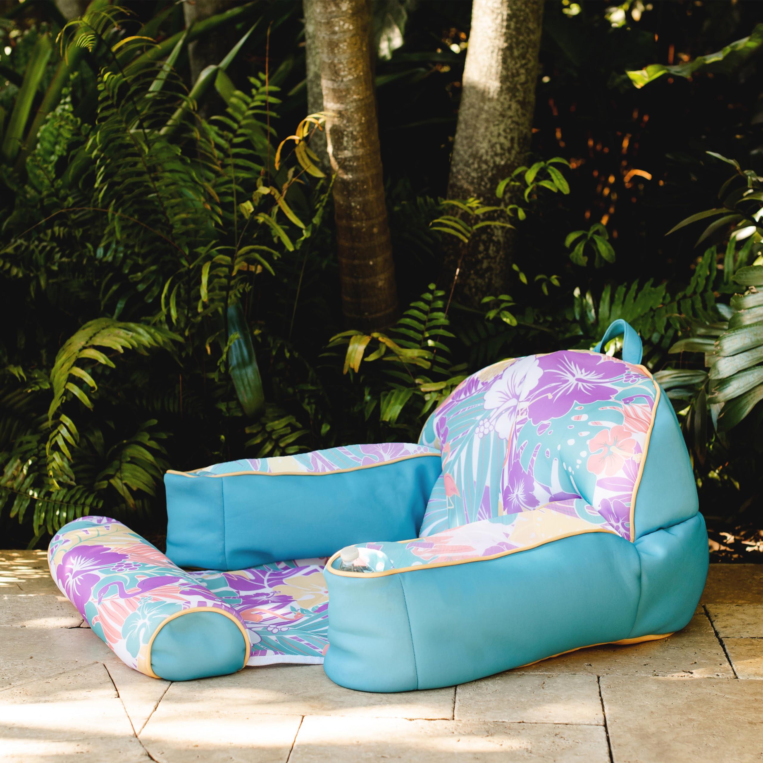 Big Joe Big Joe Lazy Lounger No Inflation Needed Pool Float with Headrest and Footrest, Tropical Hibiscus Aqua Double Sided Mesh, Quick Draining Fabric, 3.5 feet Lounger