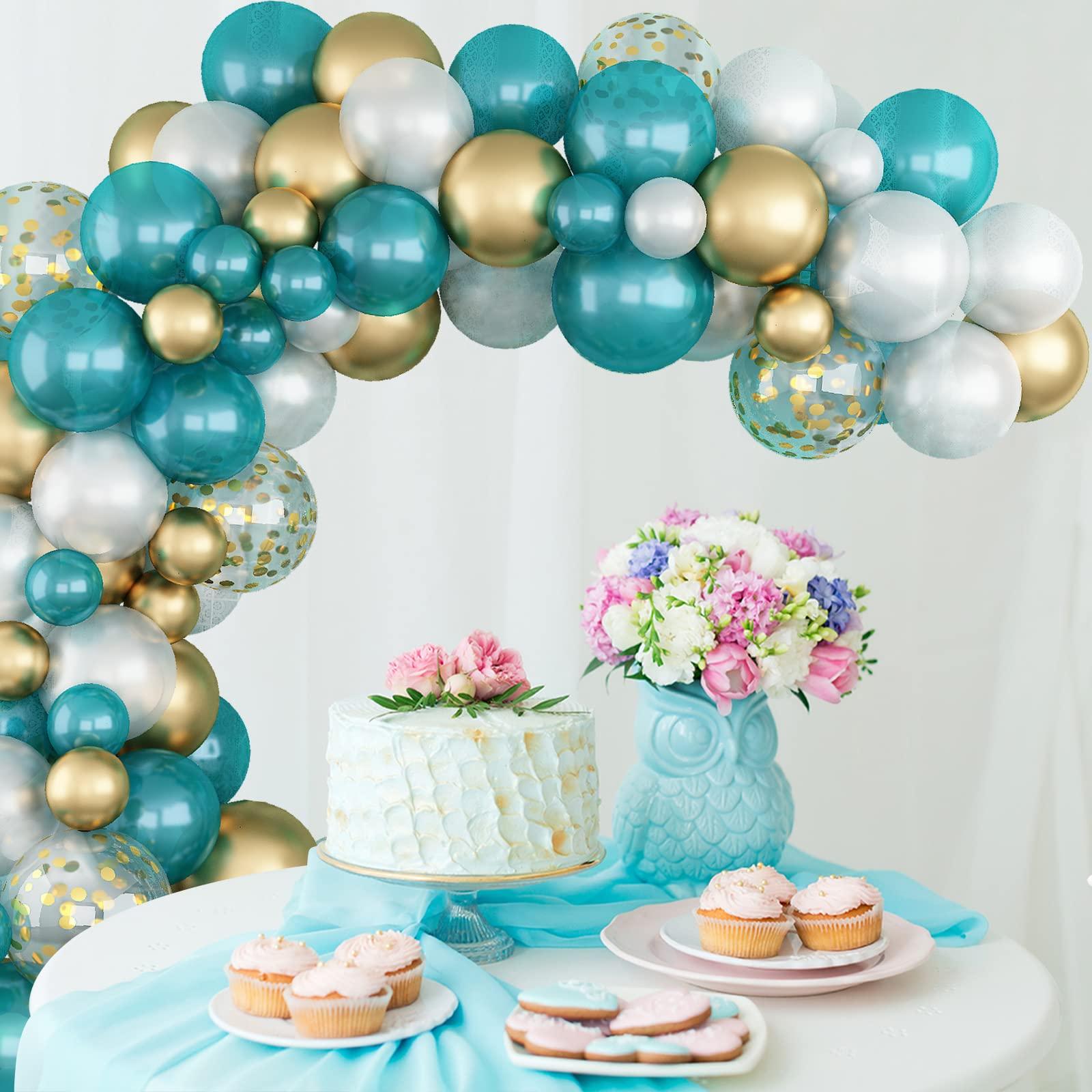 Domgoge Matte Turquoise Blue Pearl White Balloons Garland Arch Kit Metallic Gold Balloon with Gold Confetti Latex Balloon Teal Blue Balloons Chrome Gold Party Decorations Supplies Birthday Baby Shower