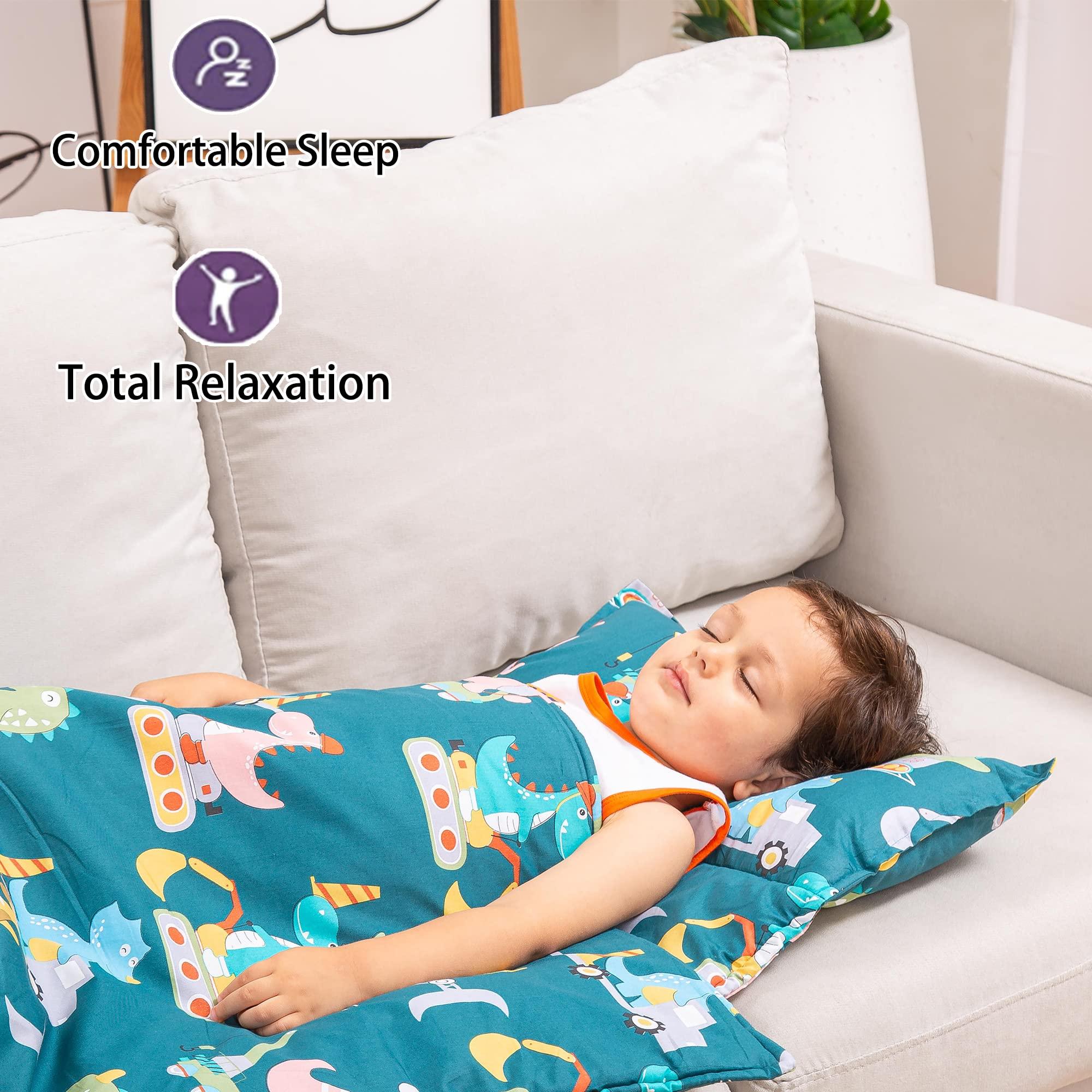 Rossison ROSSISON Nap Mat with Pillow and Blanket 100% Cotton with Microfiber Fill, Padded Sleeping Mat, for Daycare Preschool Toddler Prek Boys Girls Kids (Dinosaur Driver, Extra Long-56\"x20\")