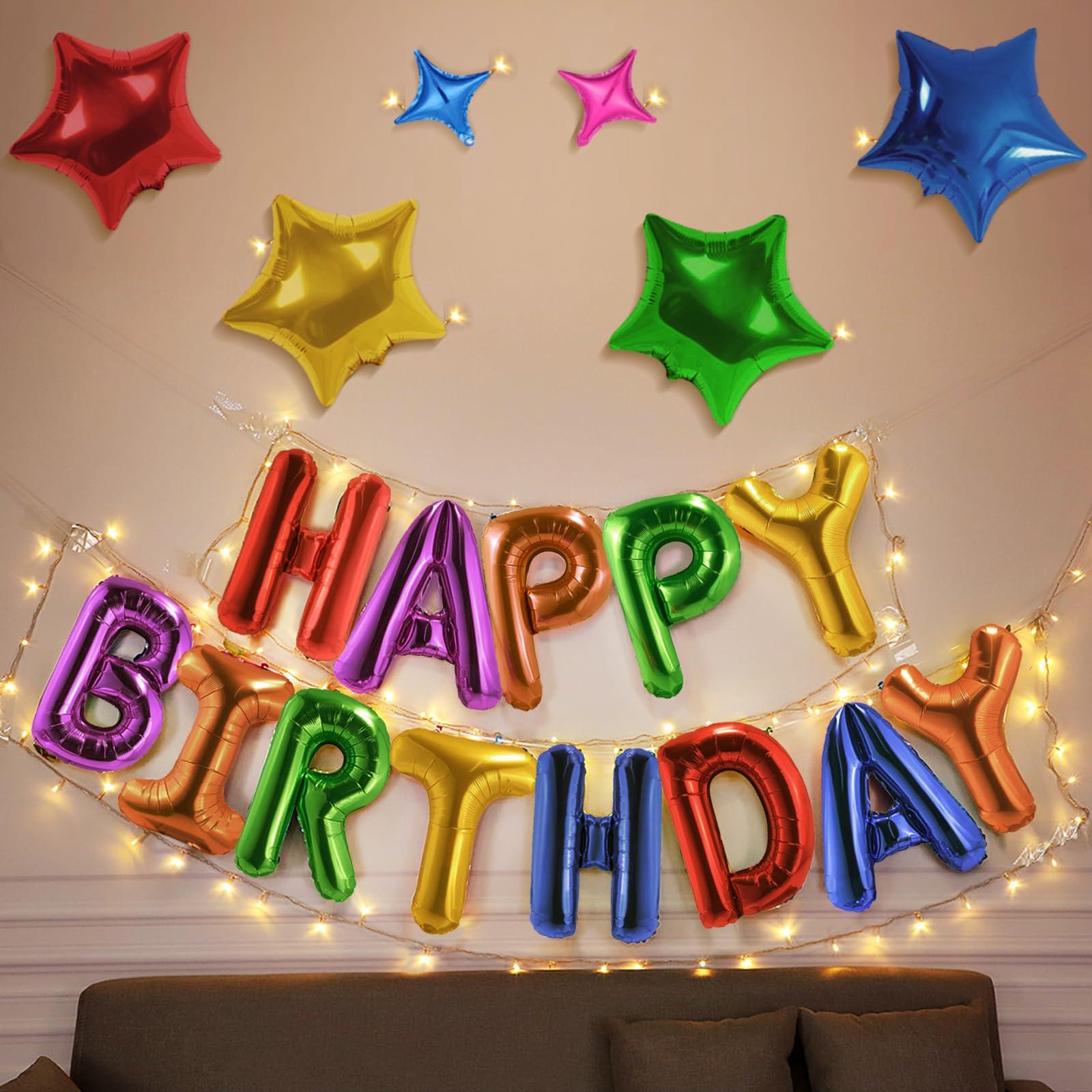 CANREVEL CANREVEL Happy Birthday Banner 13pcs 16 Inch Mylar Foil Letters Sign with 8pcs Star Balloons & LED Lights Birthday Party Decorations for Kids and Adults - 3D Rainbow