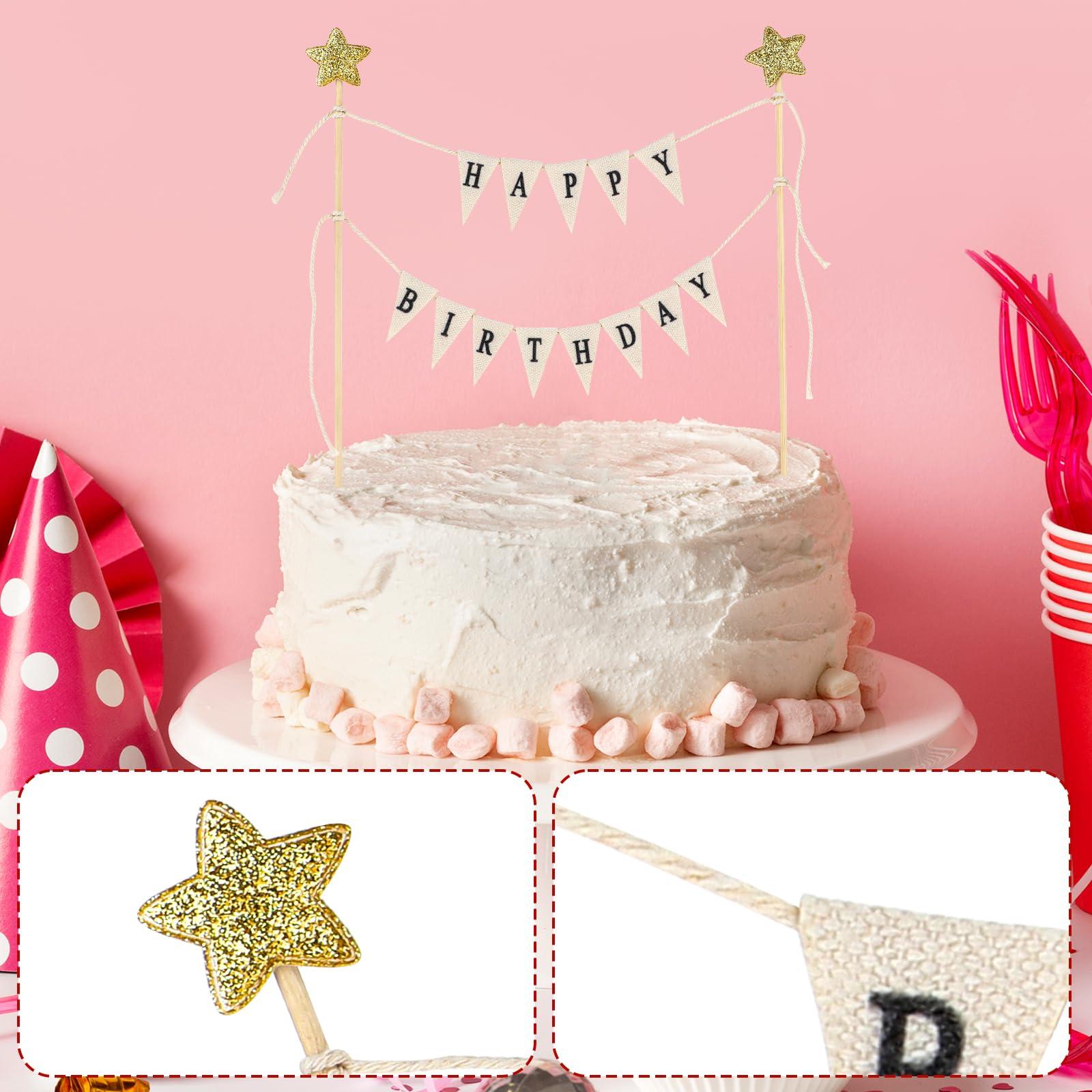 Aeaocvo Happy Birthday Cake Banner Personalized Birthday Cake Toppers, Handmade Linen Pennant Flags with 7.9 in Bamboo Polls, Birthday Party Decoration Supplies for Cakes Cupcakes