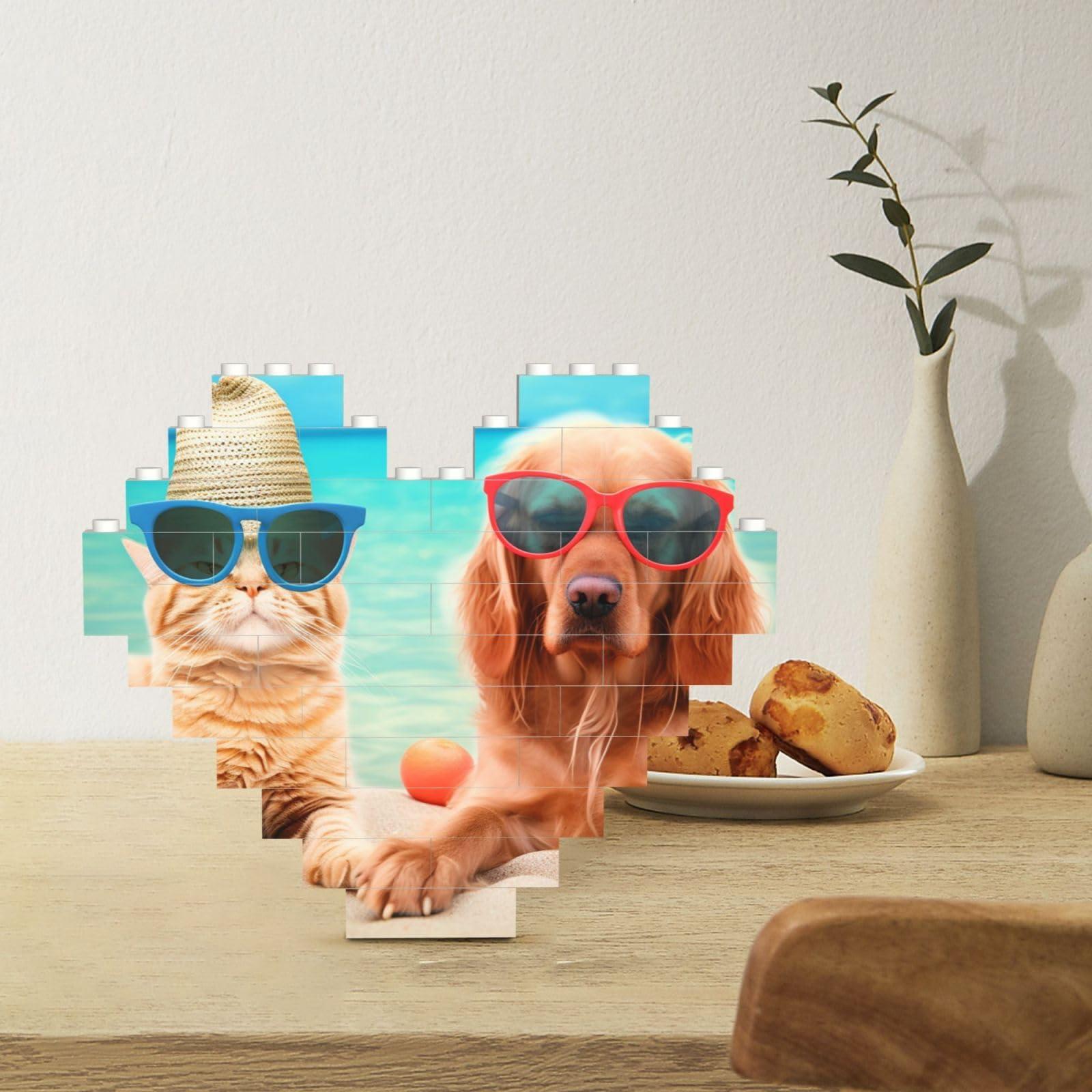 RLDOBOFE Building Block Puzzle Heart Shaped Building Bricks for Adults Summer Beach Funny Cat Dog Block Puzzle Building Brick Block Puzzles for Ornament Hanging 3D Micro Building Blocks for Home Decor