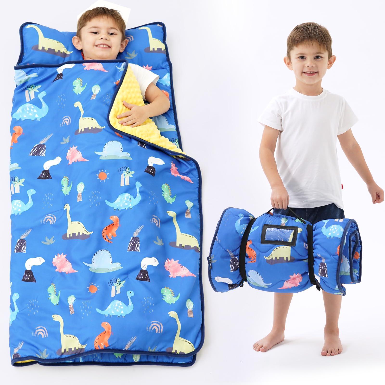 BORPRES Nap Mat with Pillow Blanket Set: Navy Dino Sleeping Mats for Toddler Kids - Thick Large Roll up Slumber Bag for Daycare Preschool Kindergarten Boys Girls