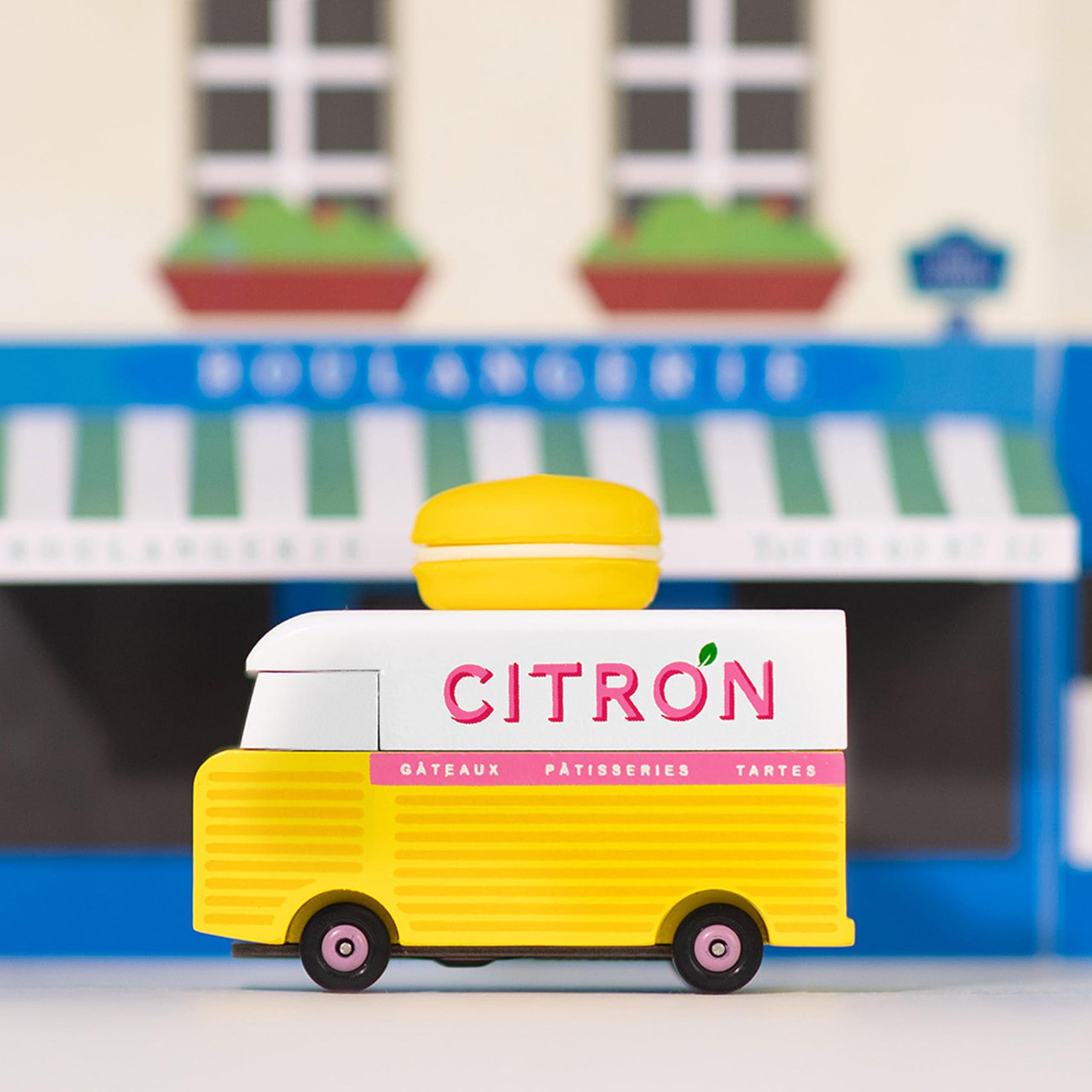 CANDYCAR Candylab Toys CANDYCAR Wooden Food Truck Collection - Citron Macaron Van, Premium Handcrafted Beech Wood Toy Car