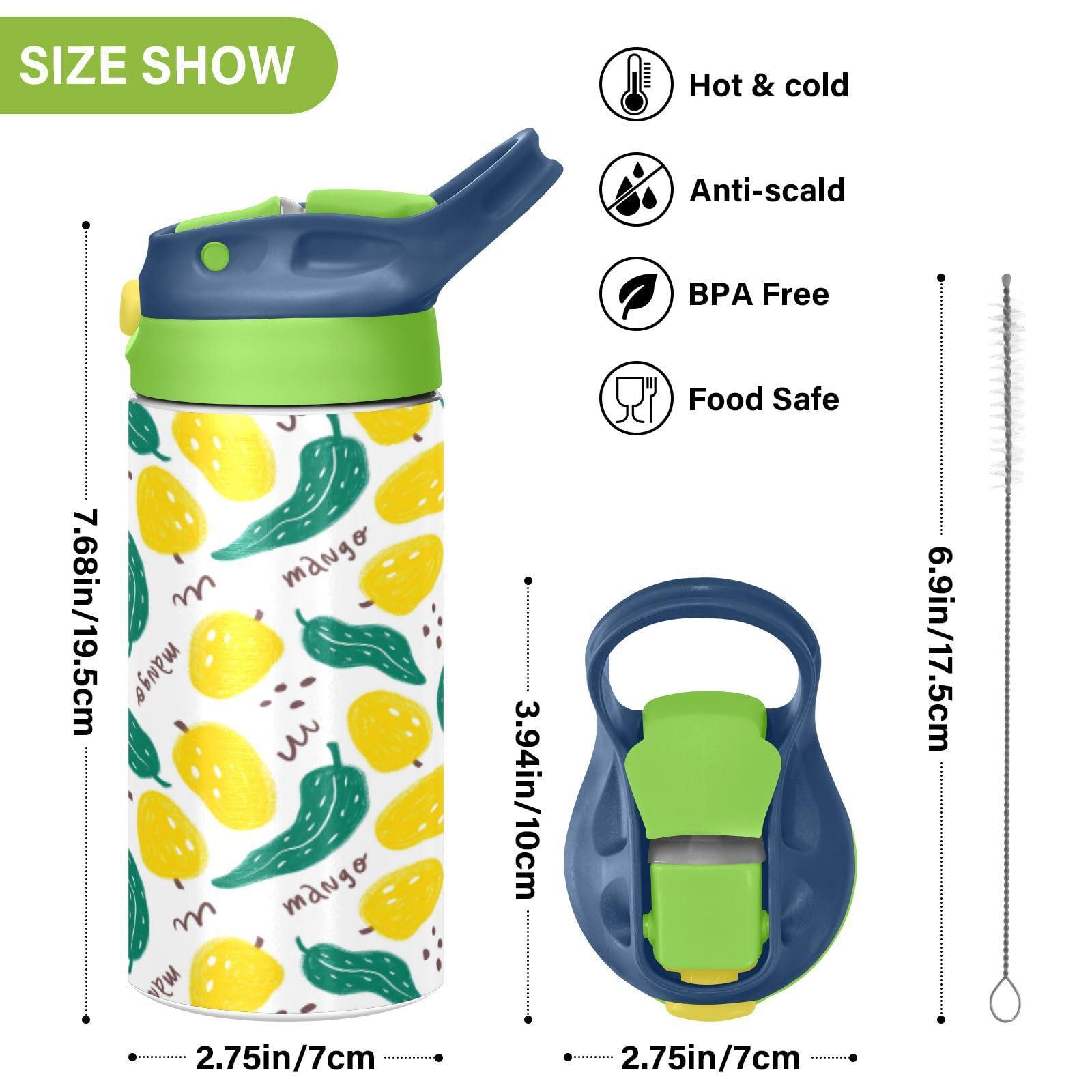 Wfrish Cute Tropical Yellow Mango Leaves Kids Water Bottle with Silicone Straw for Girls Boys Toddlers Insulated Stainless Steel with Straw Lid BPA-Free Duck Mouth Leakproof Tumbler 12 oz