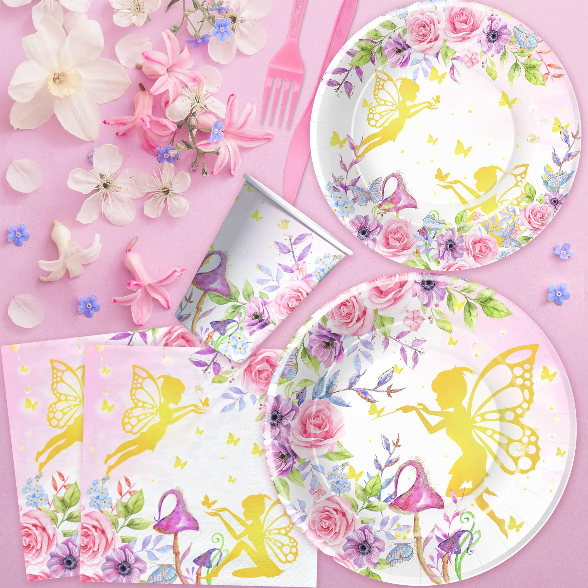 APOWBLS APOWBLS Fairy Birthday Party Supplies - Fairy Party Decorations, Plate, Cup, Napkin, Tablecloth, Cutlery, Floral Gold Fairy Theme Baby Shower Birthday Decorations Spring Tea Party Tableware | Serve 24
