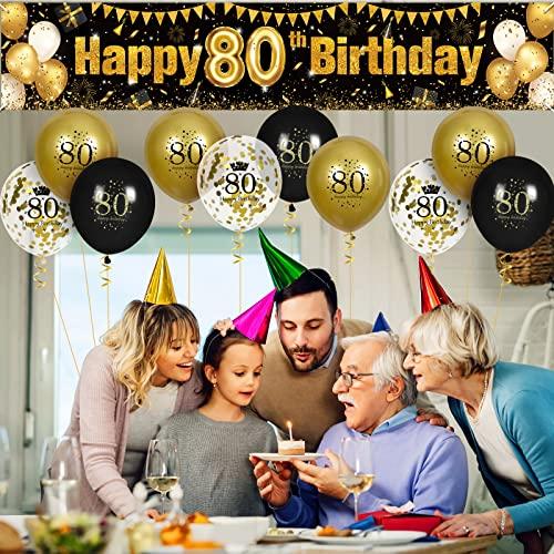 RUMIA 80th Birthday Decorations for Men Women Black and Gold, Black Gold Birthday Yard Banner Sign and 18 PCS 80th Happy Birthday Balloons for 80th Anniversary Birthday Party Supplies Outdoor Yard Decor