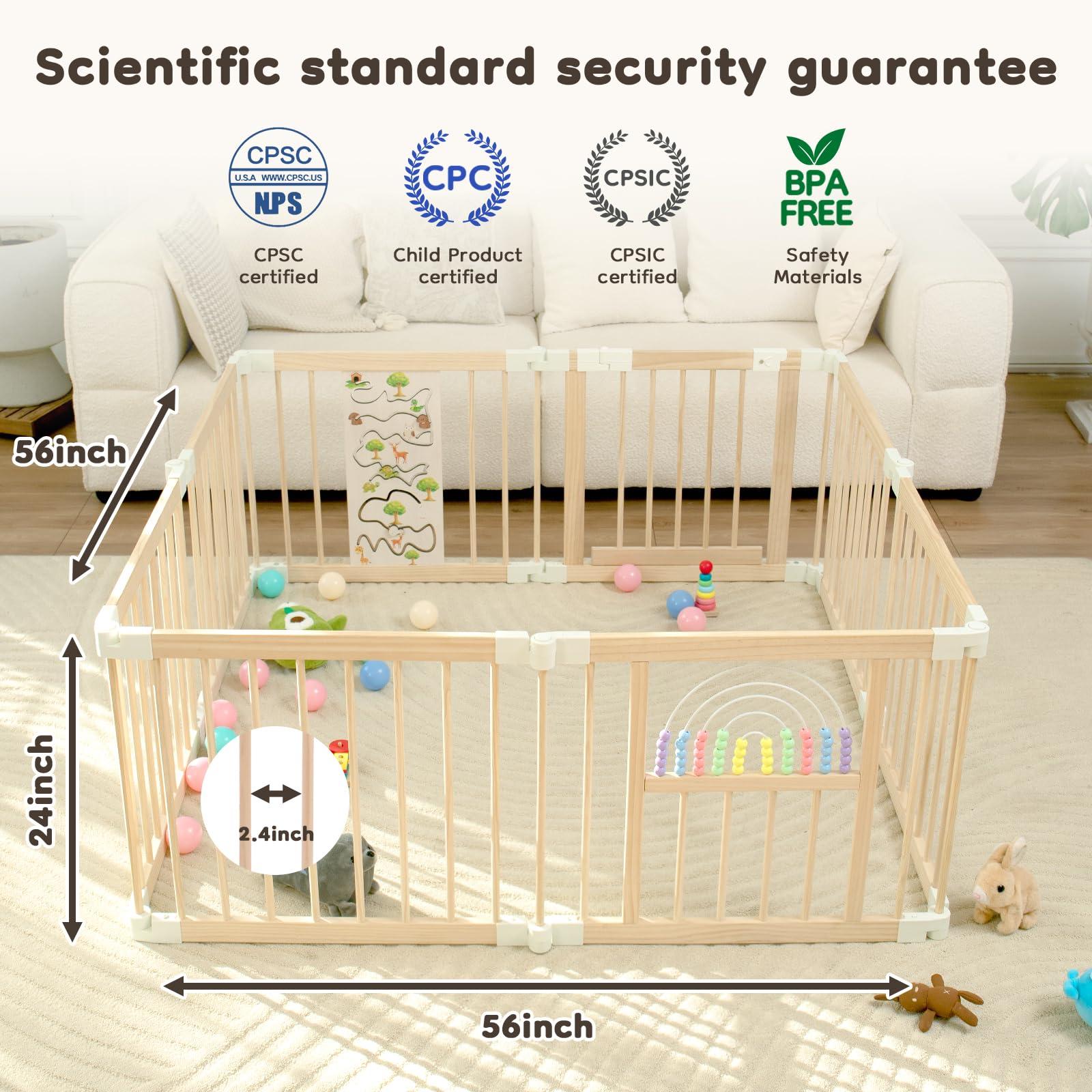 Ulnxiy Foldable Wooden playpen,Baby Playpen,playpen for Babies and Toddlers,Baby Activity Center with Baby Gate,Portable Large playpen with Adjustable Shape and Size,Baby Fence Play Area (56x56x24inches)