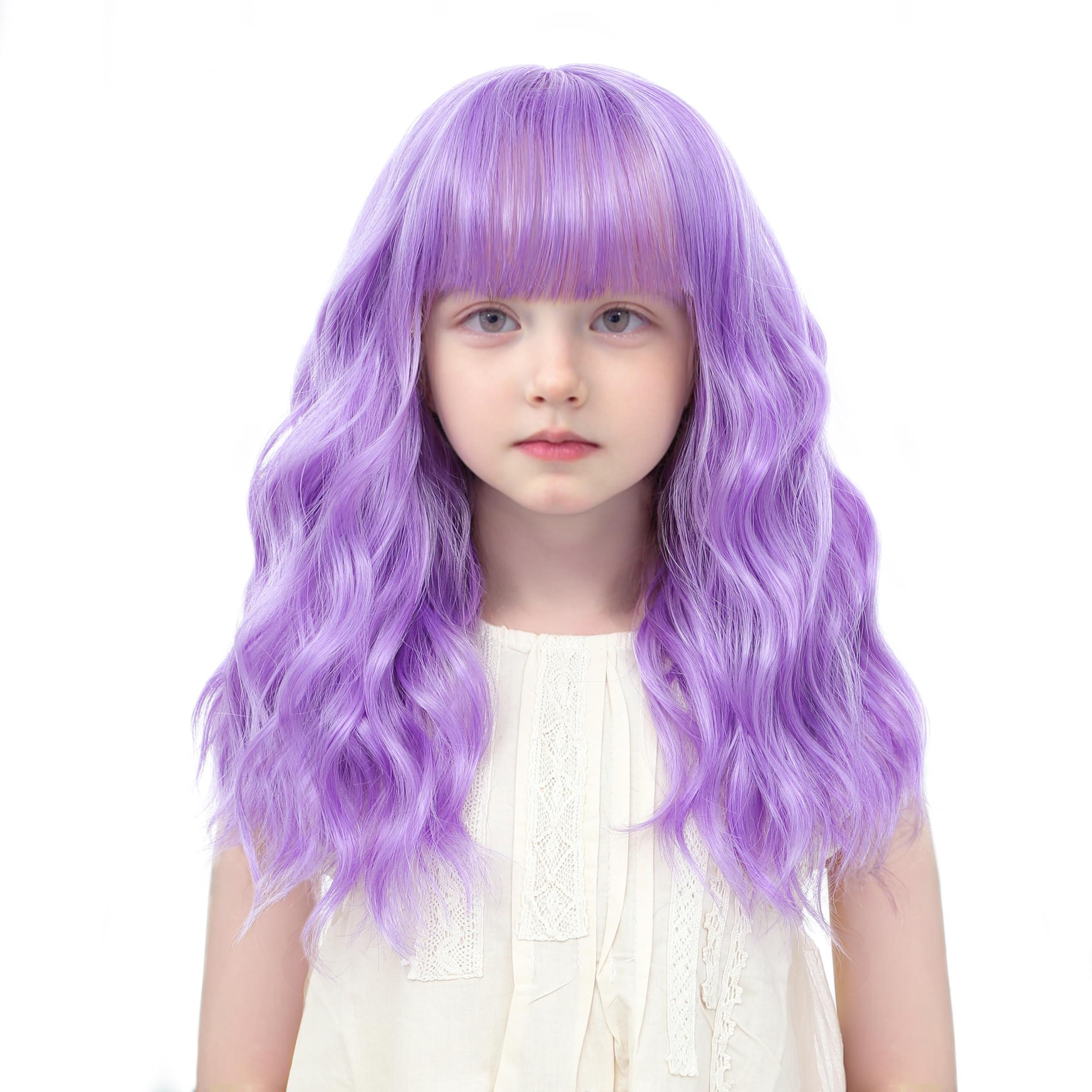 BUPPLER BUPPLER Kids Purple Wig with Bangs 14 Inch Halloween Cosplay Wigs for Kids Girls Wavy Hair Synthetic Wig with Upgraded Strands,Shoulder Length Wig for Costume Parties (14 Inch,Purple)