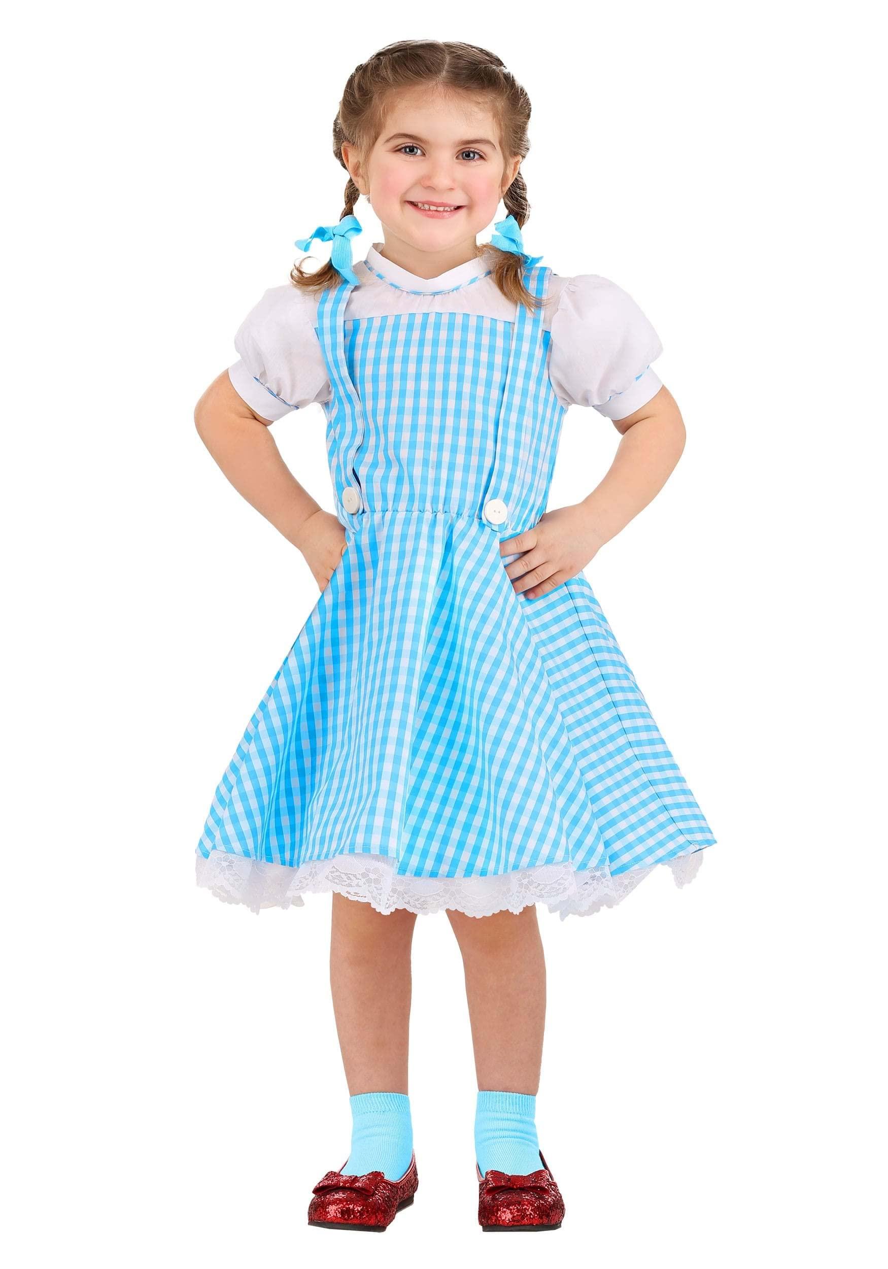 Fun Costumes Toddler Wizard of Oz Dorothy Costume for Girls, Blue Dress & Hair Bow Ties, Blue Checked Gingham Fairytale Dress 2T