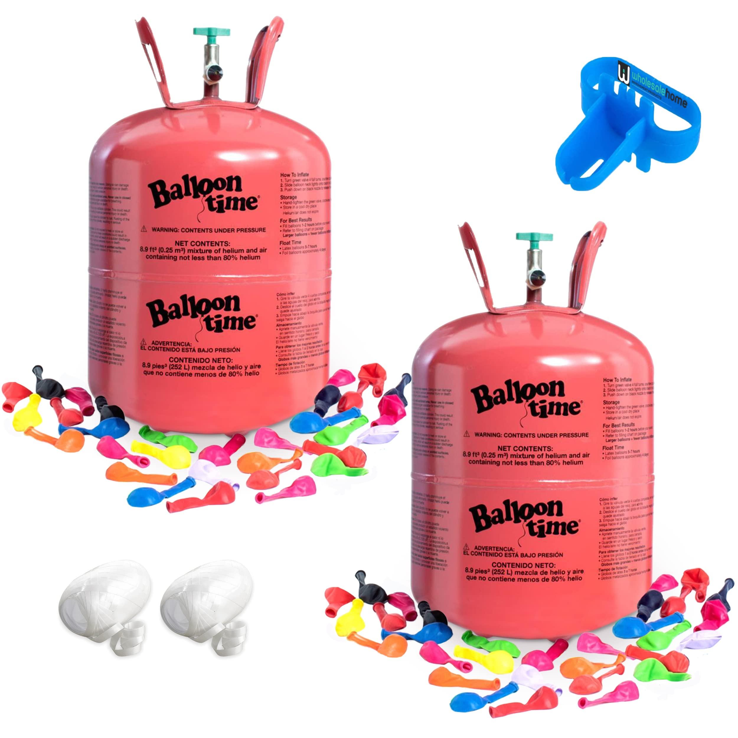 Wholesalehome Helium Tank for Balloons At Home, 14.9 Cu Ft Helium Balloon Pump Kit with 50 Assorted Latex Balloons, White Curling Ribbon and Wholesalehome Balloon Tie Tool, 2 Pack